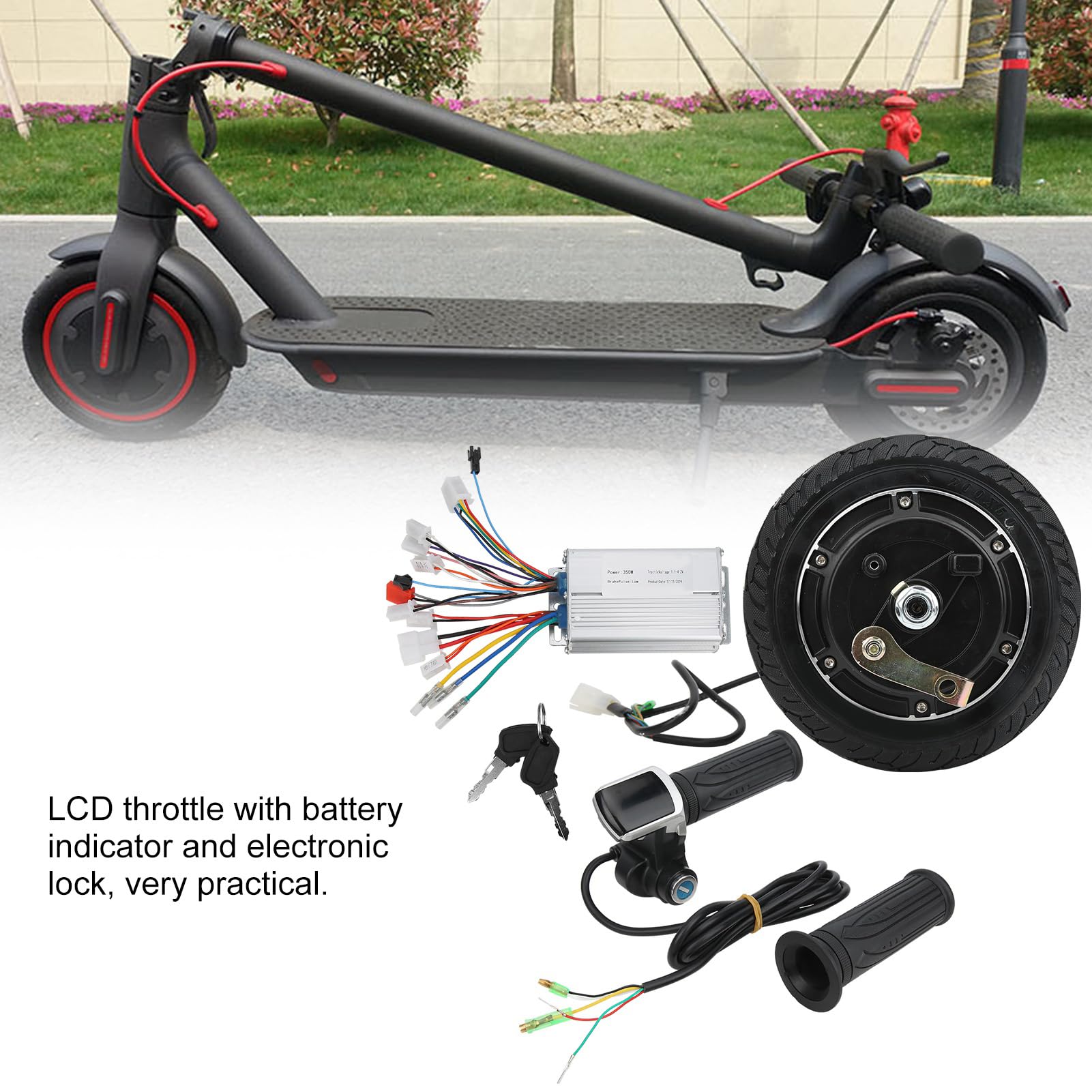 48V 350W Wheel Brushless Hub Motor Wheel, Controll and Throttle Grip Set, for 8 Inch Electric Scooter Conversion