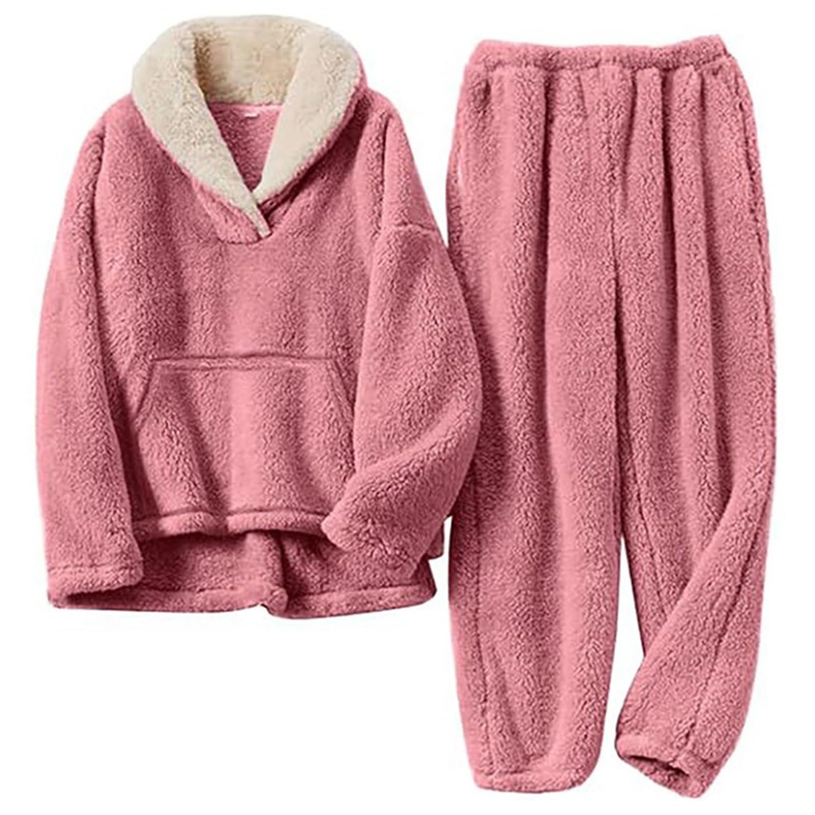 Pijama largo de forro polar para mujer, conjunto de pijama de invierno cálido de felpa y pantalones de pijama, 2 piezas, acogedor, mullido, traje de casa, monocolor, térmico, dos piezas