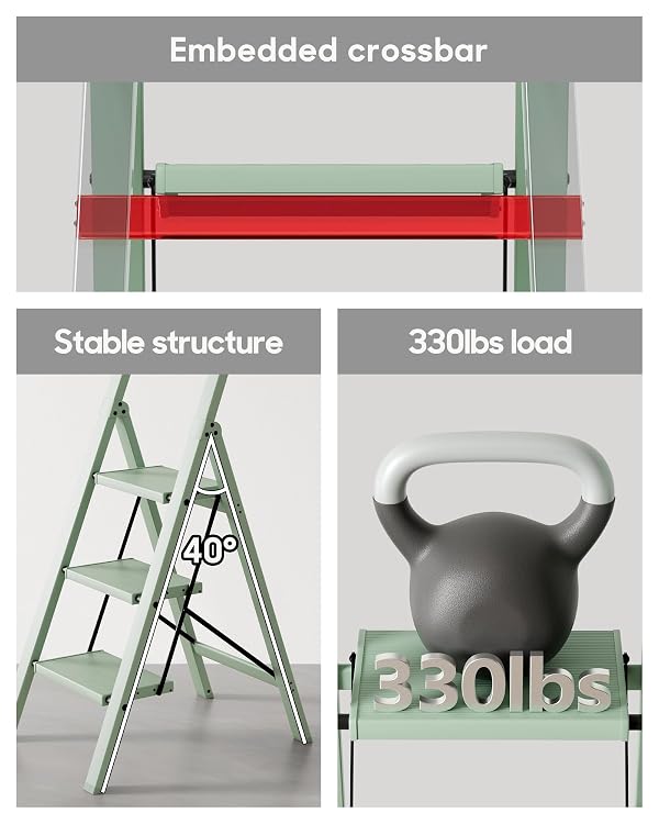 HillhutApex 3 Step Foldable Aluminum Step Ladder with Handgrip, Anti-Slip Pedal, 330 lbs Capacity, Lightweight & Portable for Home, Kitchen, Office, Garage (Pale Green) by HillhutApex - Image 6