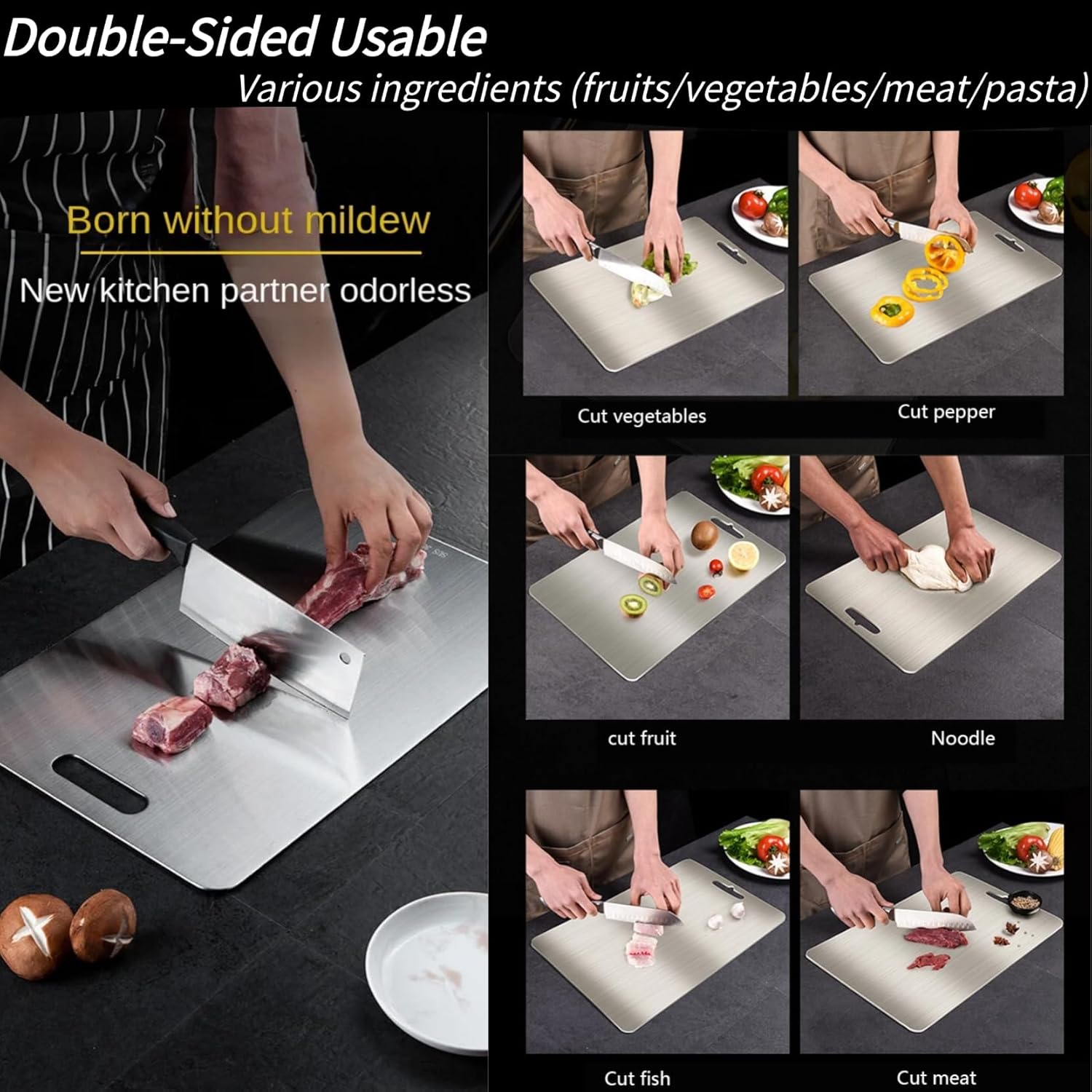 Titanium Cutting Board for Kitchen Set of 2/3 - Double Sided Food Grade Chopping Board for Meat, Hangable Design, Easy to Clean for Meat Fruit & Vegetable Various Cooking (M+L(2PCS))