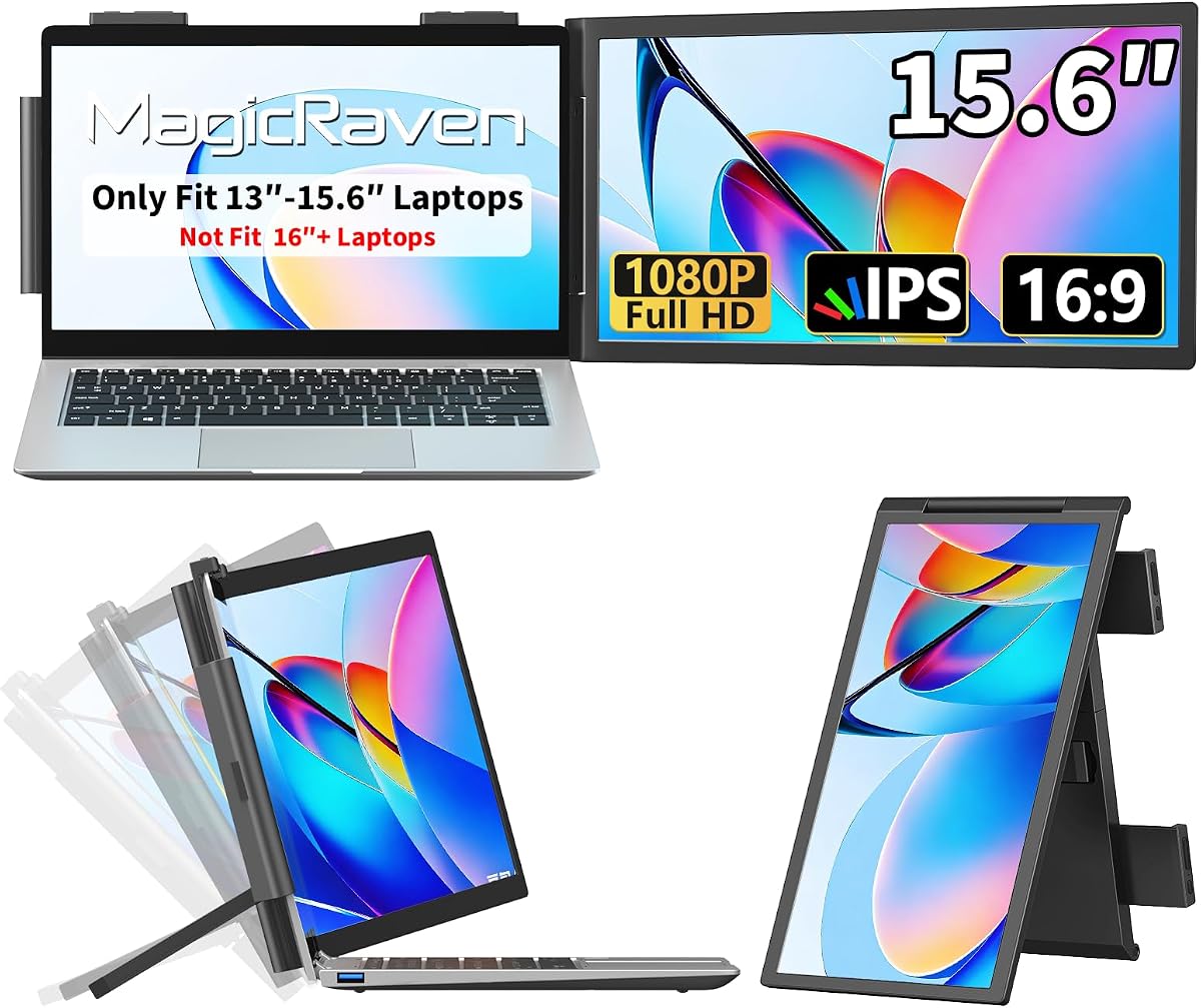 15.6" Laptop Screen Extender Portable Laptop Monitor Extender Clip-On | 1080P IPS Portable Monitor for 13.3-15.6" Laptops with USB-C/HDMI Port, Plug and Play for Windows/Mac/Android/Switch/PS5/Xbox
