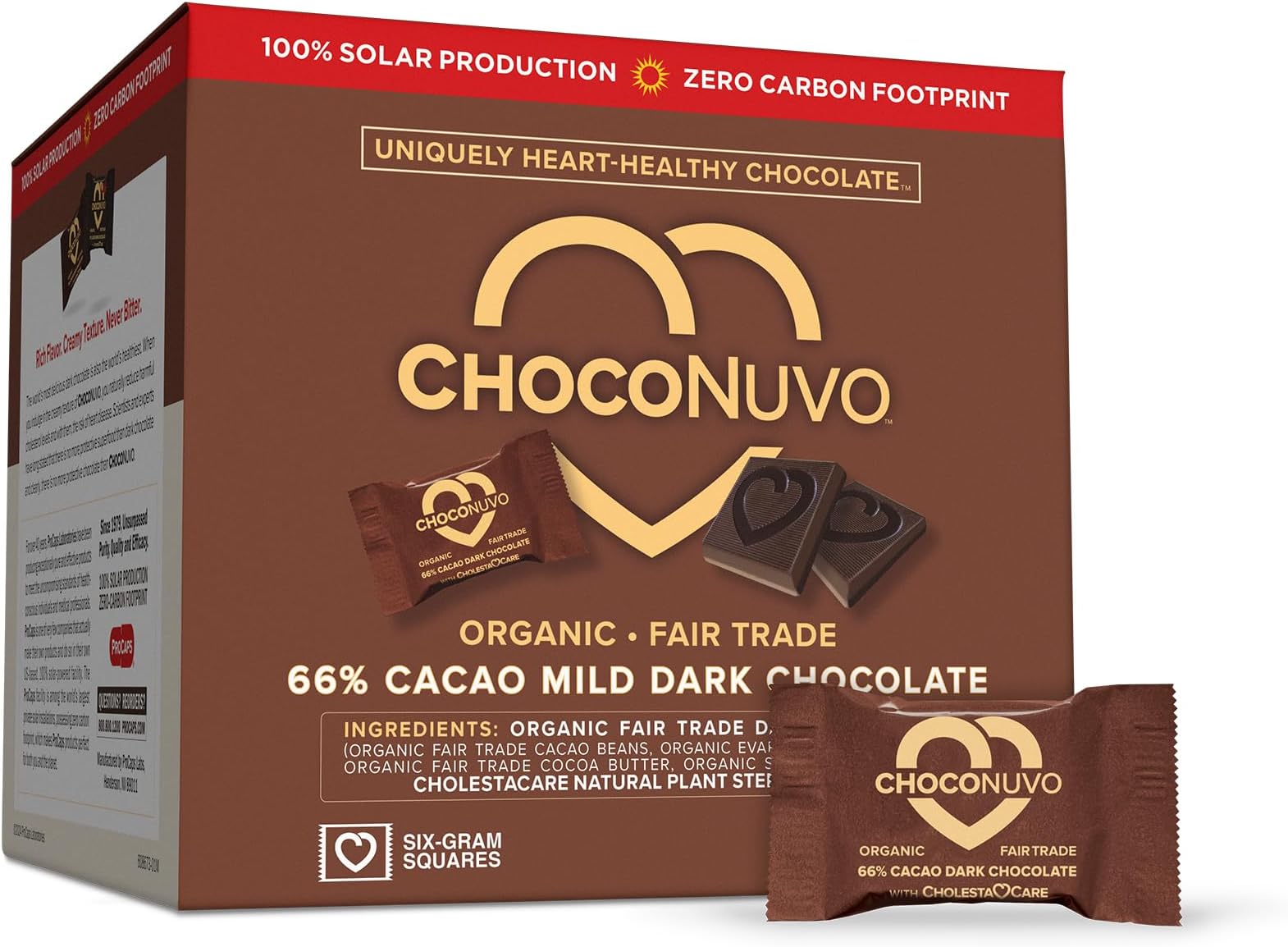 ANDREW LESSMAN ChocoNuvo 66% Cacao 60 Pieces - Organic Fair Trade Mild Dark Chocolate. Beneficial Plant Sterols to Promote Healthy Cholesterol Balance. 26 Calorie Squares, Low Fat, Low Sugar