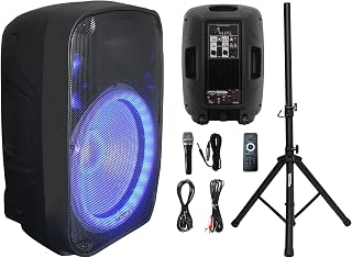 TUMAN Pro Portable 15-Inch PA Speaker System DJ Amplified Loud Speaker with Stand Bluetooth/USB/SD Card Reader/FM Radio/Remote Control/LED Light, Good for Churches, Bands, Parties