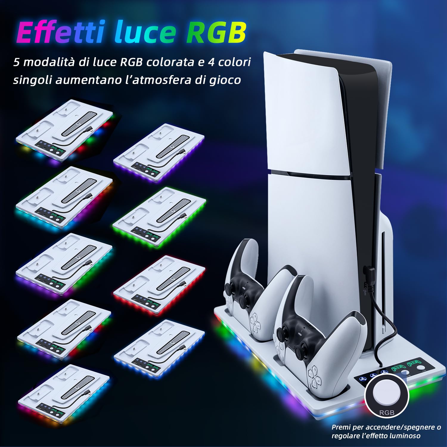 Wigearss Supporto Verticale Raffreddamento PS5/PS5 Slim/PS5 Pro con Doppio Caricatore Controller, Base di Ricarica Joystick PS5 con Ventola Raffreddamento, Illuminazione RGB per PS5/PS5 Slim/PS5 Pro