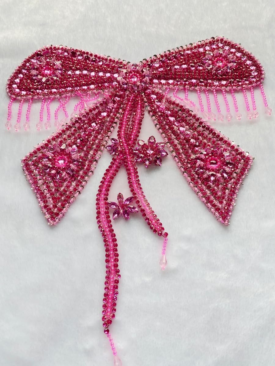 Butterfly Shape Bodysuit Applique Pure Hand-Stitched Beads and Crystal Patches Creative Tassels Shiny Dress Decorative Accessories (Pink)
