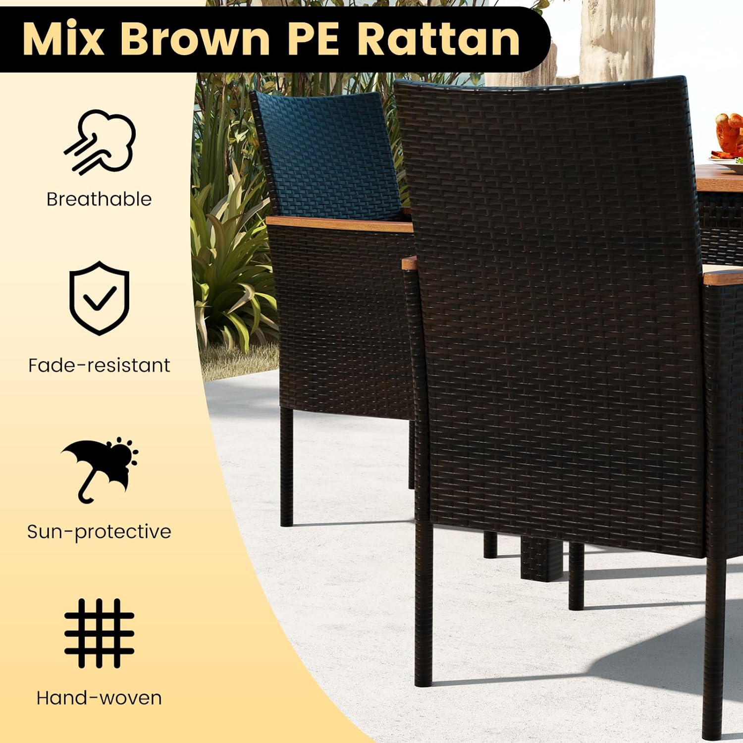 KOTEK Outdoor Dining Set for 6, PE Rattan Wicker Patio Furniture Set with Wood Table & Cushioned Armchairs, 1.96'' Umbrella Hole, Patio Table and Chairs Set for Garden, Backyard, Balcony, Poolside