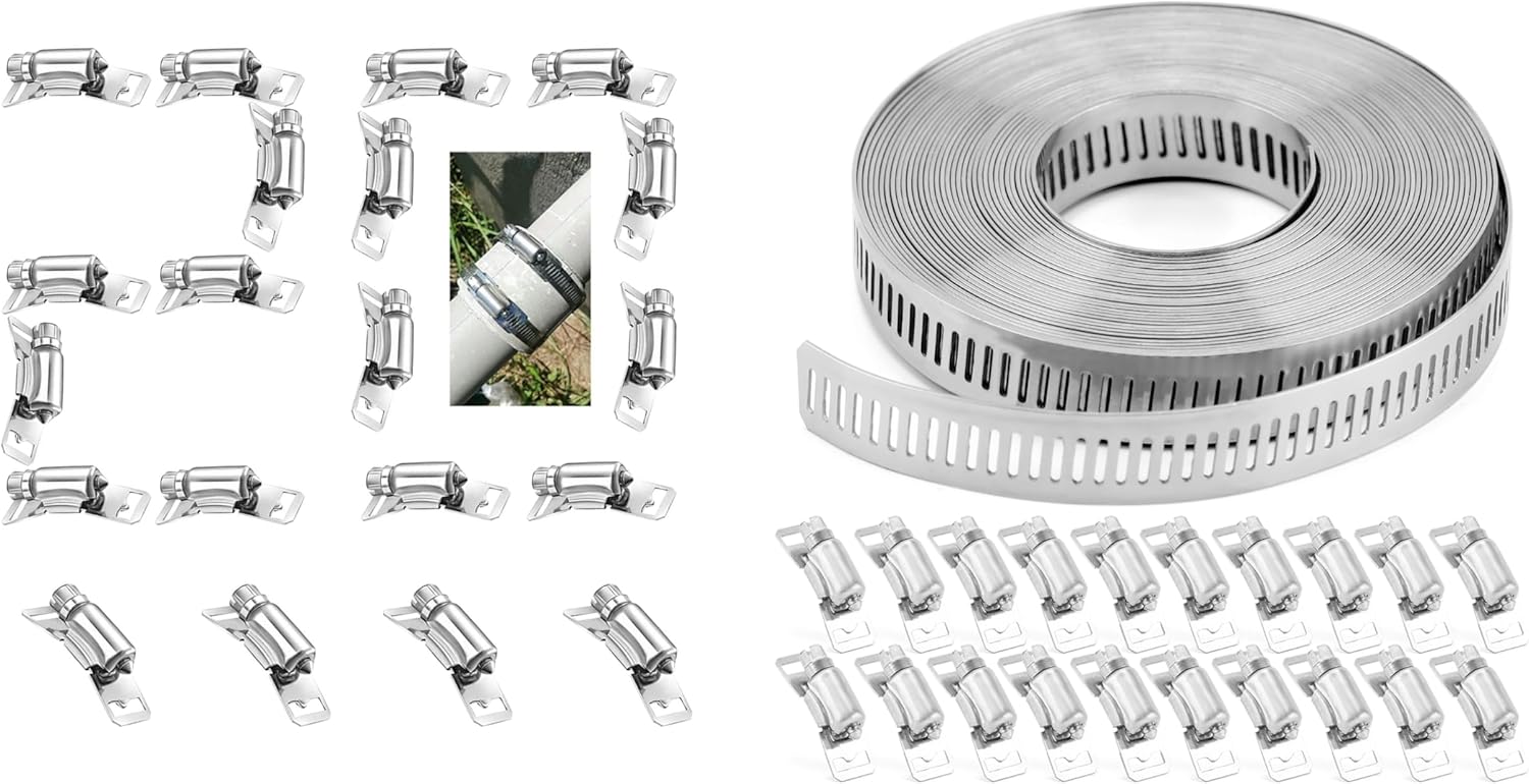 Hose Clamps (40 Fasteners + 20FT Strap) DIY Cut-To-Fit 304 Stainless Steel Band Clamps Adjustable Worm Gear Hose Clamp Kit Silver