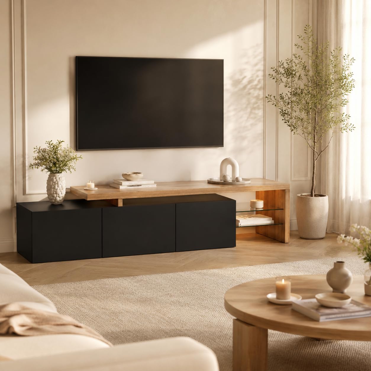 TV Lowboard mit Stauraum, Fernsehtisch mit 3 Türen und Glasablage, TV Bank für Fernseher bis zu 85 Zoll, Fernseh Sideboard für Wohnzimmer, Schwarz, 200x39x42cm
