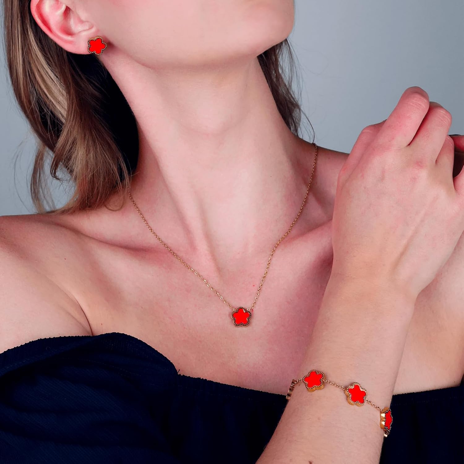 Five Leaf Clover Jewelry Set for Women | 18K Gold Plated Bracelet Necklace Earrings | 5 Leaf Lucky Pendant and Ear Studs for Her - Image 3