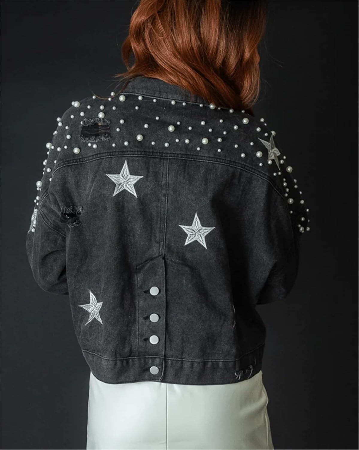 Women's Pearl and Star Denim Jacket Oversized Ripped Distressed Denim Jean Jacket Coat - Image 2