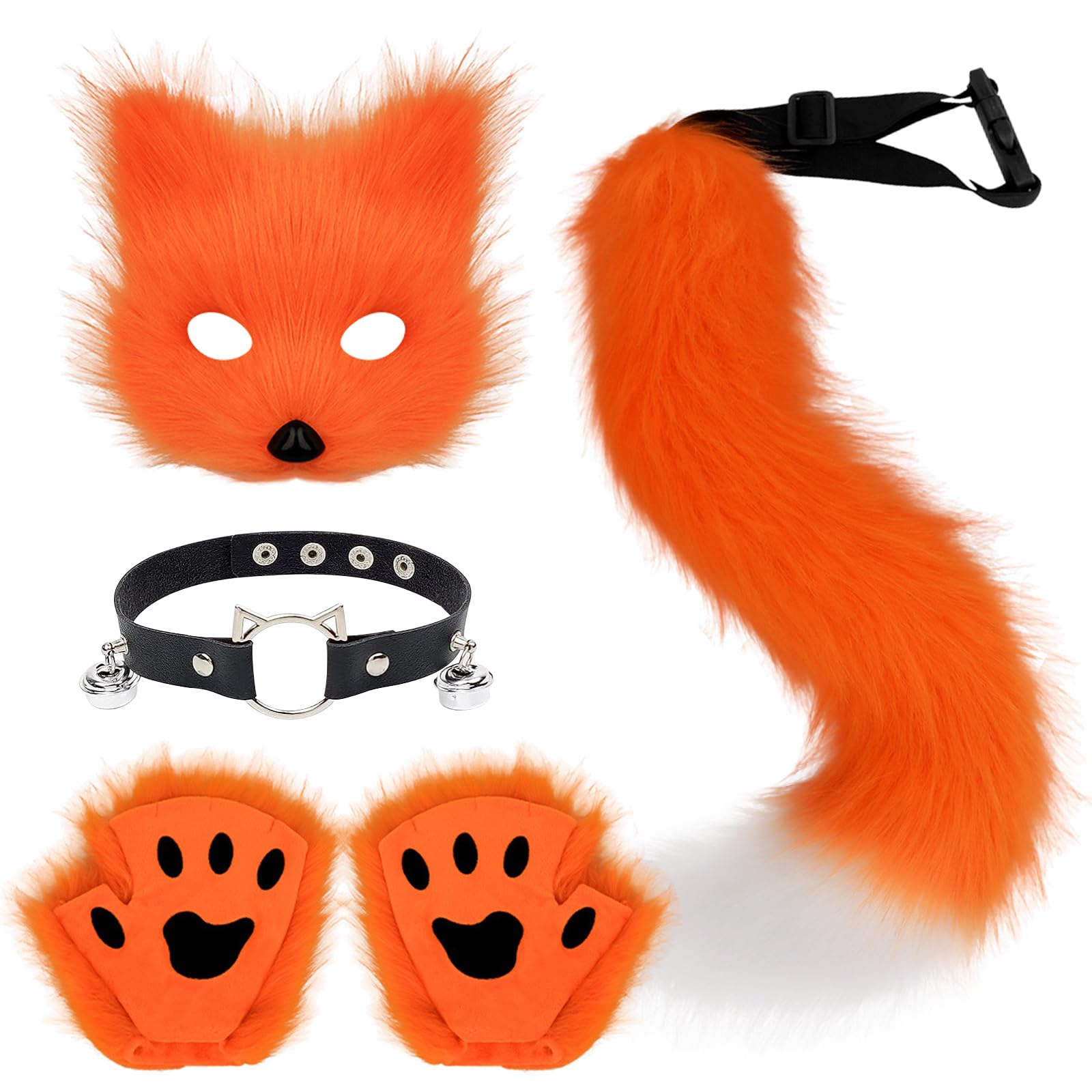YumSur Faux Fur Fox Tail Cat Wolf Cosplay Costume Set Plush Mask Fluffy Paw Gloves Halloween Christmas Party for Girls Women(orange color)