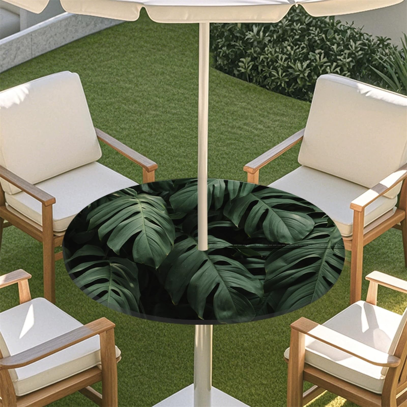 Muiuou Elastic Edge Fitted Round Tablecloth Protector Waterproof Outdoor Circle Tablecloth with Parasol Hole and Zipper, Wipe Clean Table Cover for Garden BBQ Party (Style 15,L(45-54inch))