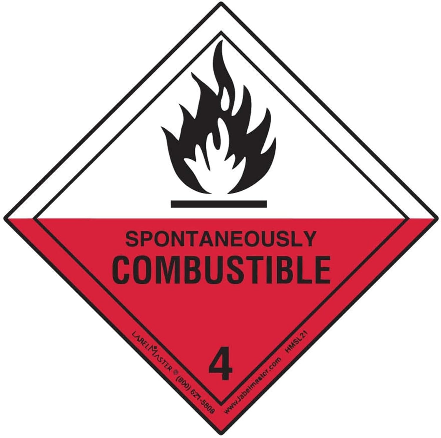 Labelmaster HMSL210 Spontaneously Combustible Worded Label, PVCFF, Hazmat, 4" x 4" (Pack of 500)