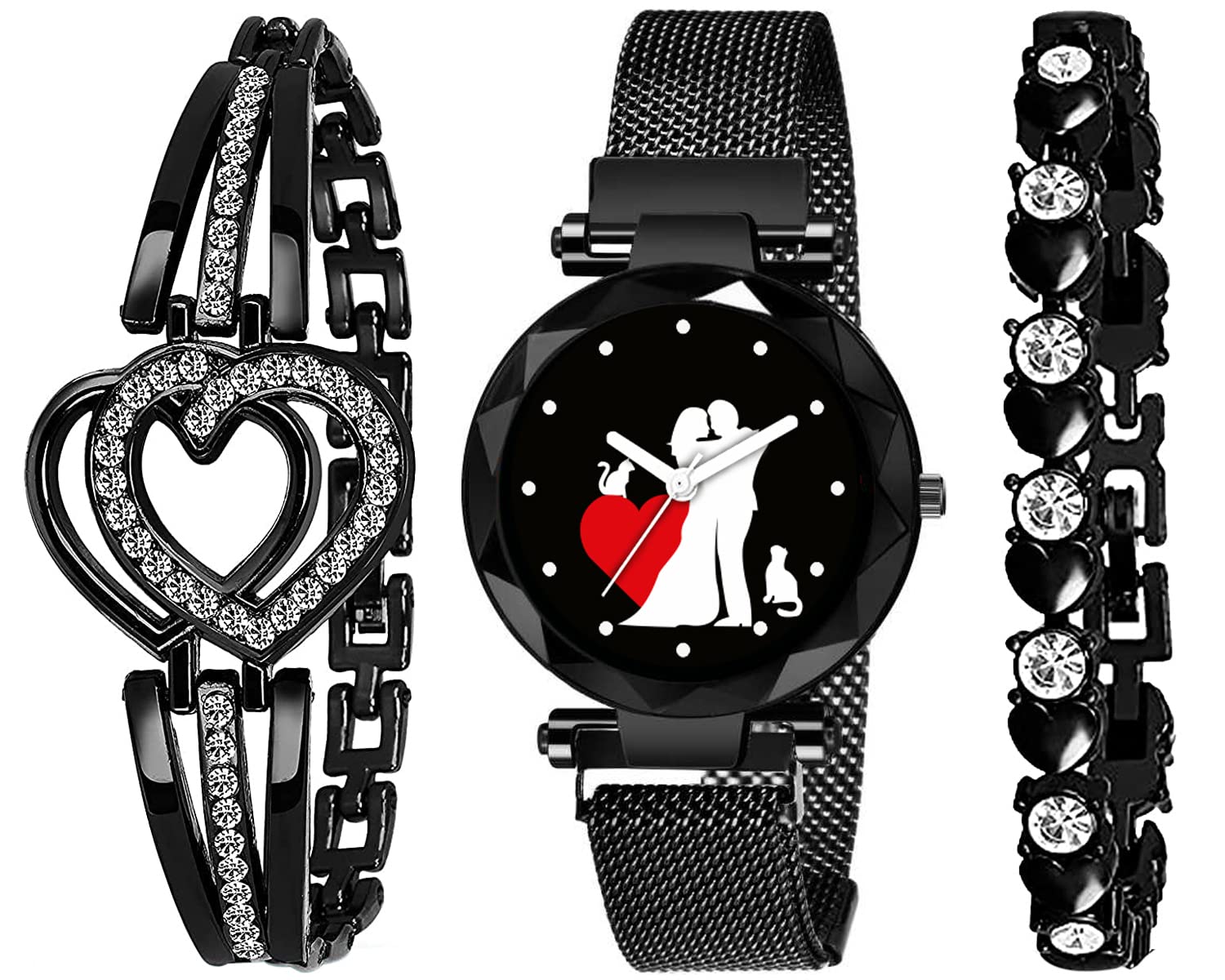 RUSTET Branded Analogue Black Dancing Couple Dial Magnet Watch with Valentine Gift Bracelet for Women or Girls(Combo of 3) (Black3) (B09R7YG4H1) Amazon Price History, Amazon Price Tracker