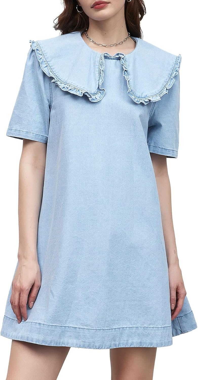 Kedera Womens Denim Mini Dress 2025 Peter Pan Collar Short Sleeve Casual Summer Babydoll Jean Dress with Pockets - Image 4