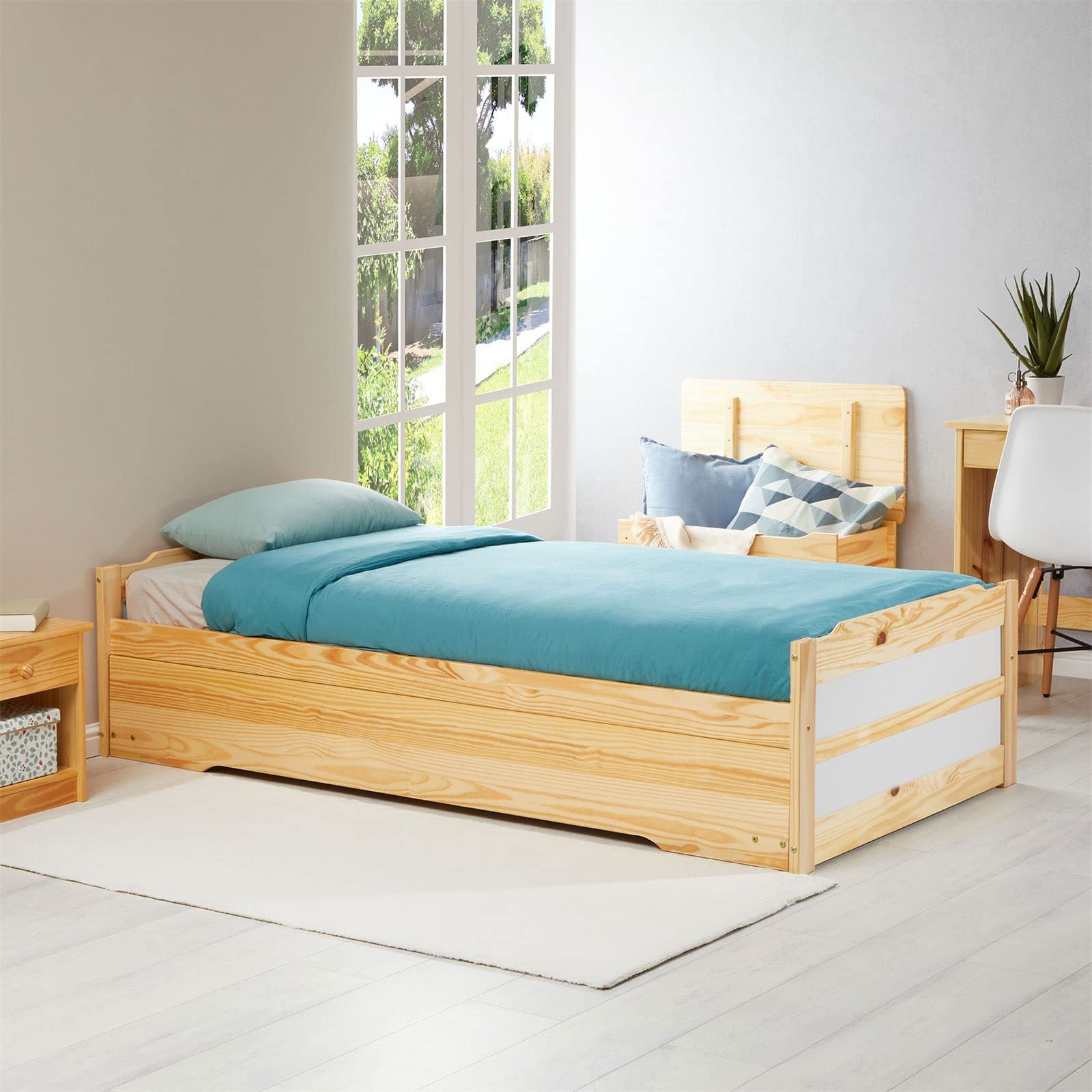 IDIMEX Lit gigogne Lorena 1 Personne tiroir lit Fonctionnel 90 x 190 cm pin Massif recouvert d'un Vernis Naturel et Blanc