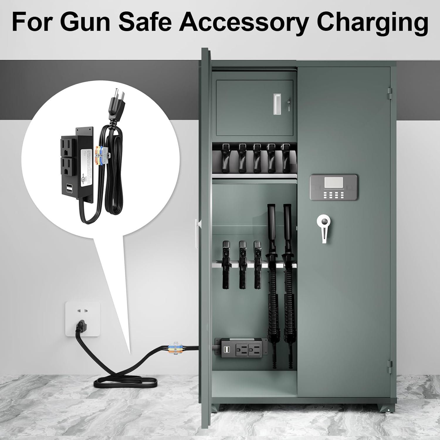 Gun Safe Power Outlet Kit - Electrical Outlet Strip for Gun Safe Accessories, 2AC Outlets & 2USB Ports, 6.9FT Removable Power Cables with Quick Connector, UL Listed, Mountable Inside Gun Cabinet Safe