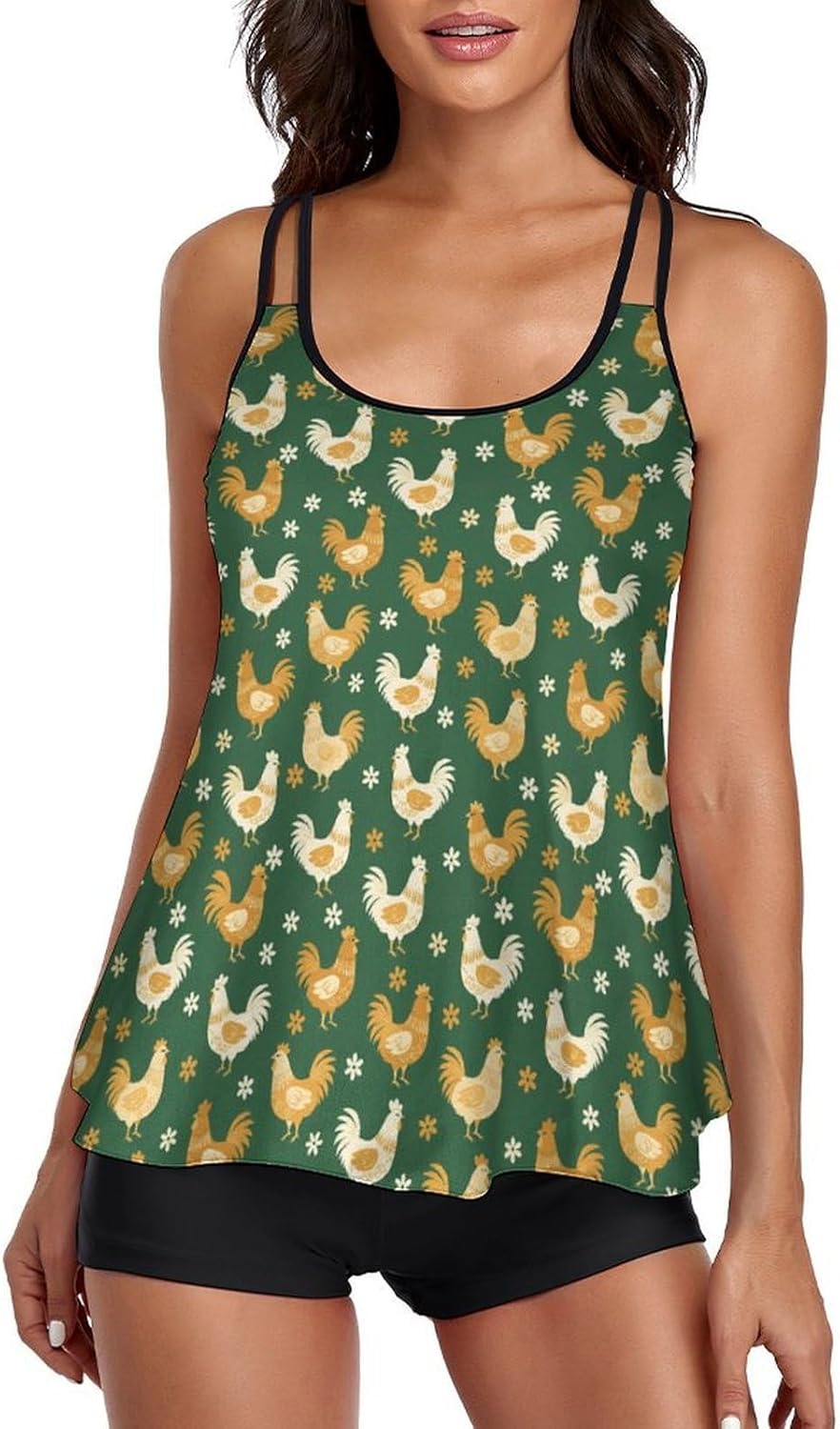 Womens 2 Piece Swimderss Bikini Bathing Suits Coconut Tree Print Swim Tank Top with Shorts Flowy Tankini Swimsuits 3XL