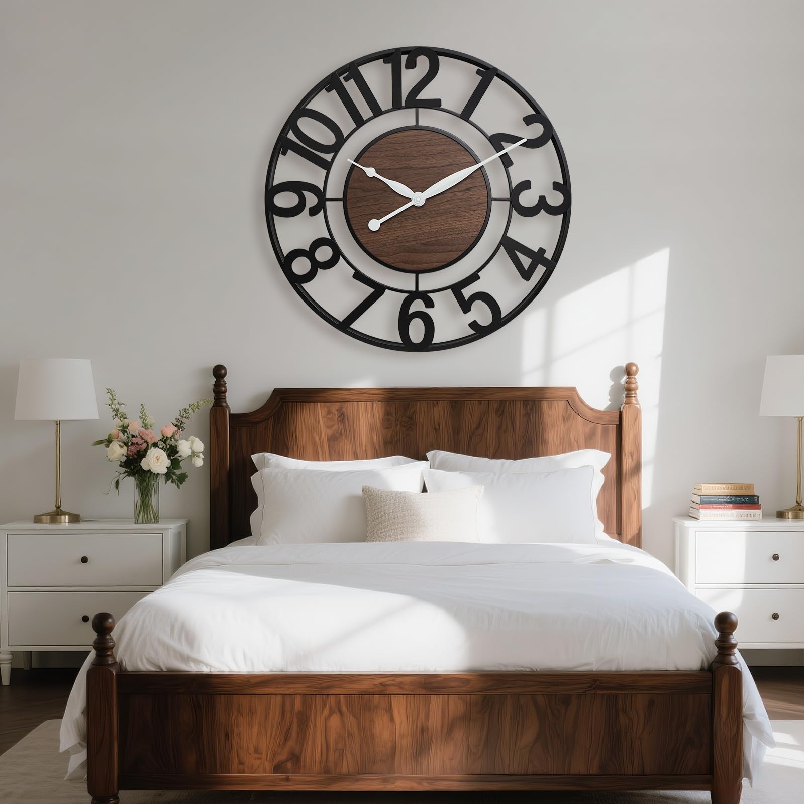 Pytha Sight Duże zegary ścienne do salonu, duże nowoczesne dekoracyjne czarne ponadwymiarowe 75 cm metalowe cyfry arabskie zegar ścienny z elegancką tarczą orzechową do biura, kuchni, kominka | Zegar ścienny w stylu vintage z cyframi arabskimi, nietykając
