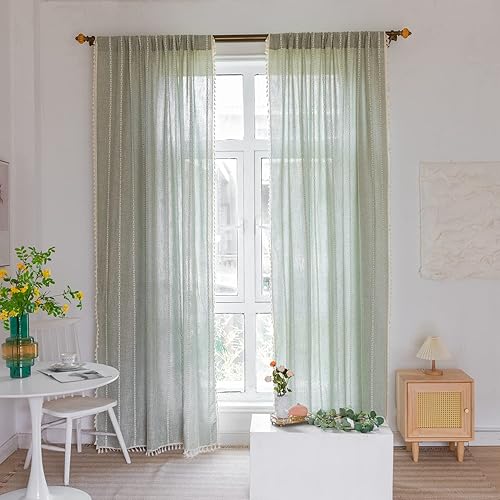 Miniatura 9 de Cortinas de lino con borlas, bordadas, rústicas, a rayas, estilo bohemio y de granja, verde salvia, filtración de luz, para sala de estar, 63