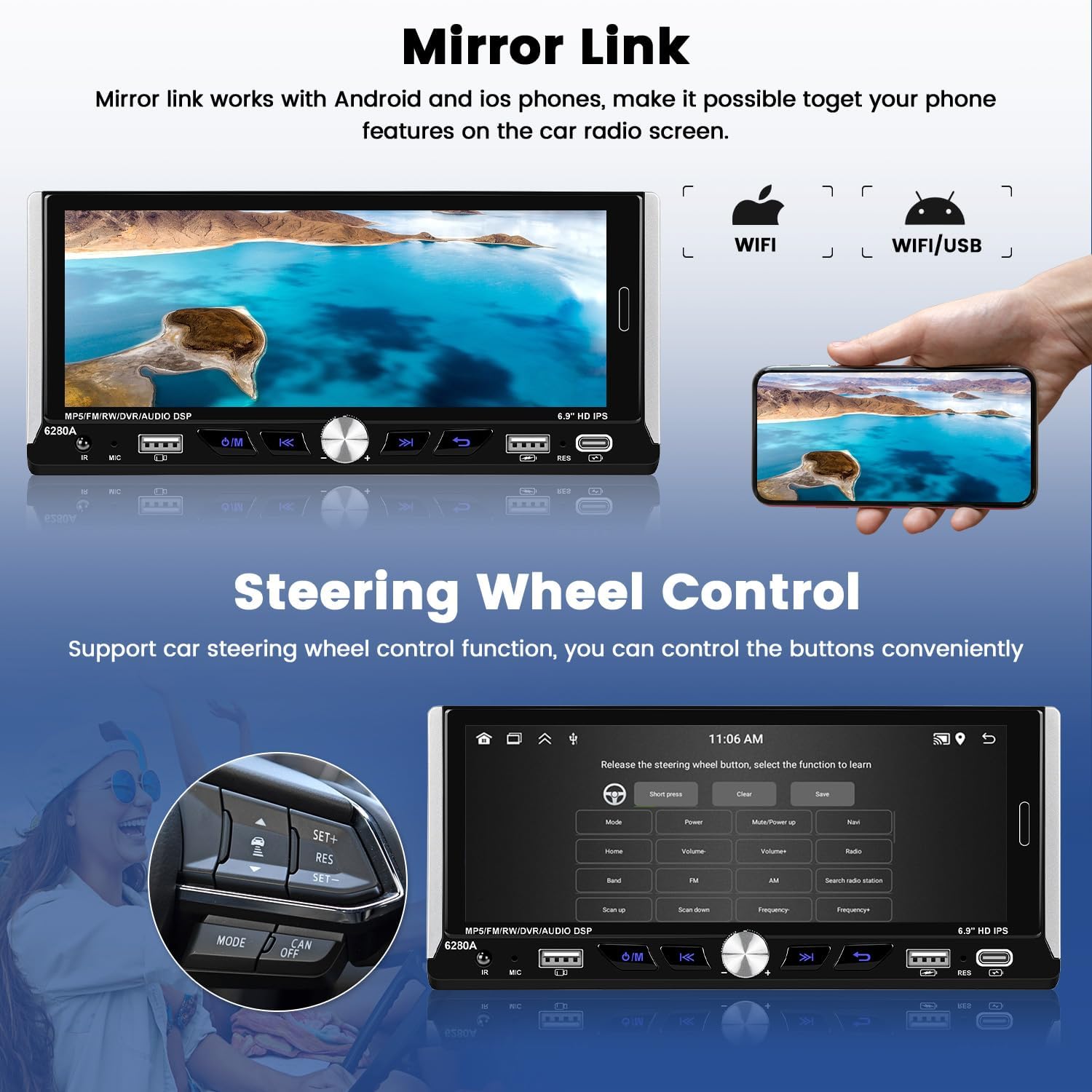 Image demonstrating Mirror Link functionality with a smartphone screen mirrored to the car stereo.