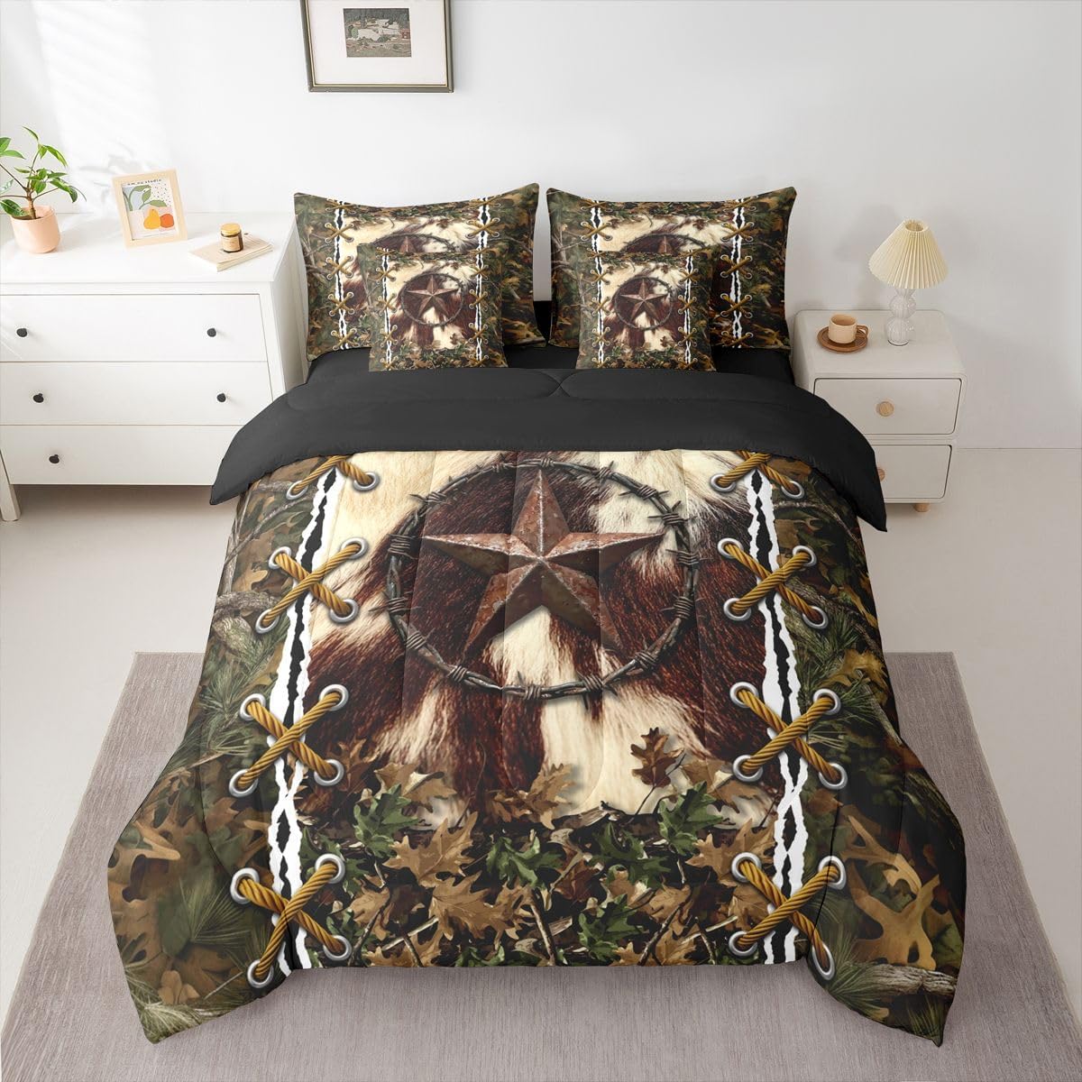 Erosebridal Cabin Queen Comforter Set with Sheets | Western Texas Star Cowhide 7-Piece Bedding Set Mens Camouflage Bed in a Bag, Woodland Animals Bed Sets,Camo Rustic Farmhouse Decor Camo Bed Set