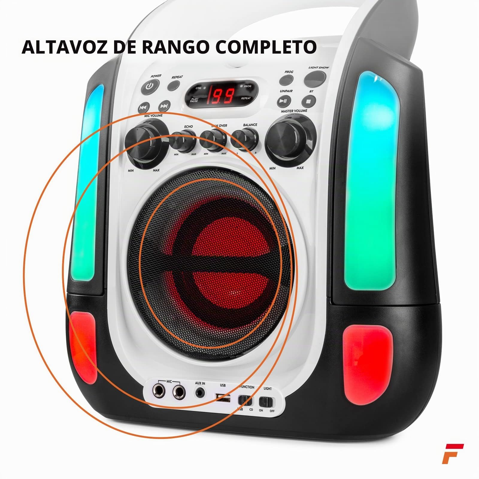 Fenton SBS30W – Altavoz karaoke bluetooth con lector CD+G, USB, 2 micrófonos con cable, salida video RCA, altavoz portátil con luces LED, karaoke machine con AUX y reproducción MP3, color blanco