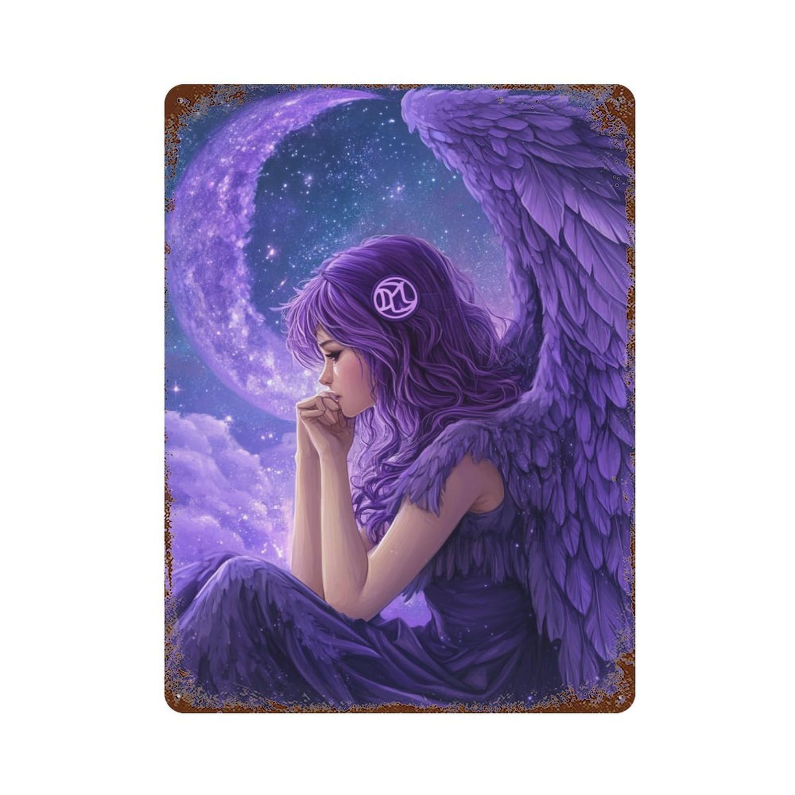 Vintage Rust Metal Sign Purple Angel Wings Fantasy Art 15.7"x11.8", Industrial Home Decor for Farmhouse, Kitchen And Entryway Decor