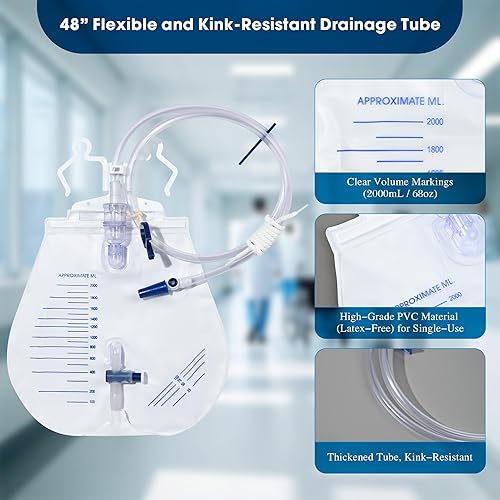 Miniatura 2 de Bolsas de catéter para hombres y mujeres, bolsas de drenaje urinario de 67.6 fl oz, cámara de goteo antirreflujo mejorada, tubo grueso de 48