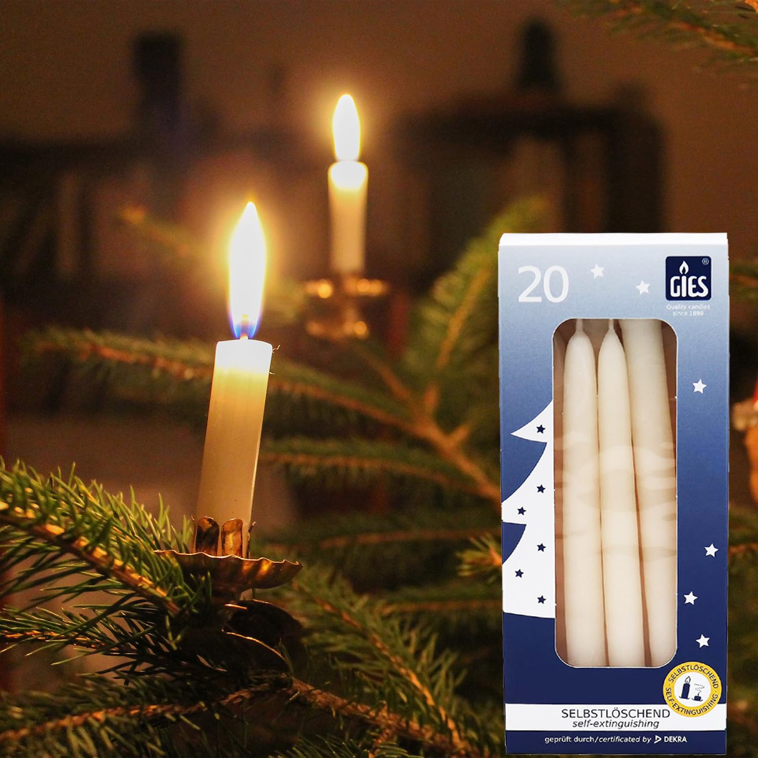 GIES Kerzen Set Creme | 200er Pack selbstlöschende Baumkerzen Wachs 12,4 cm x 1,2 cm (10x20 Stück) | Weihnachtskerzen Pyramidenkerzen Christbaumkerzen | Handgetauchte Qualität
