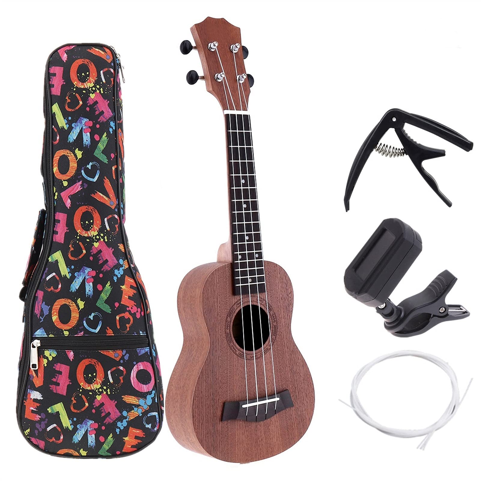 Ukulele Ukulele Combo 21/23 / 26 Pollici Ukulele Black Soprano 4 Stringhe Uke Hawaii Bass Stringed Strumenti Musicali Set Kit + Tuner + String + Borsa (Color : 21 inch)