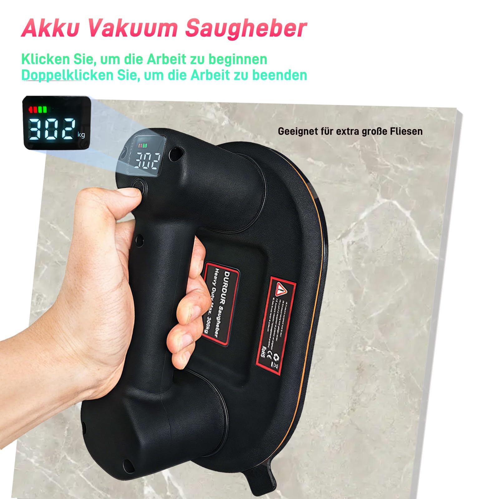 DURDUR 300KG Akku Vakuum Saugheber,9.4 Zoll Akku Saugheber für Fliesen,Glas, Marmor Elektrischer Saugheber Fliesenheber Mit Auto-Nachsauge-Funktion[2 Motoren 2 * 2000 mAh Akku]