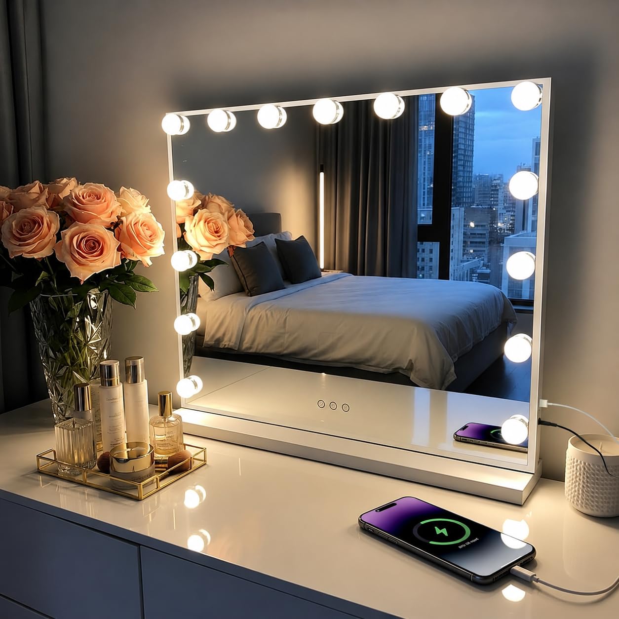 Hollywood Vanity Mirror with Lights, 23" x 18.1" Large Lighted Makeup Mirror with 15 LED Bulbs, 3 Color Modes, Smart Touch Control, Detachable 10X Magnification Spot Mirro, Tabletop and Wall-Mounted