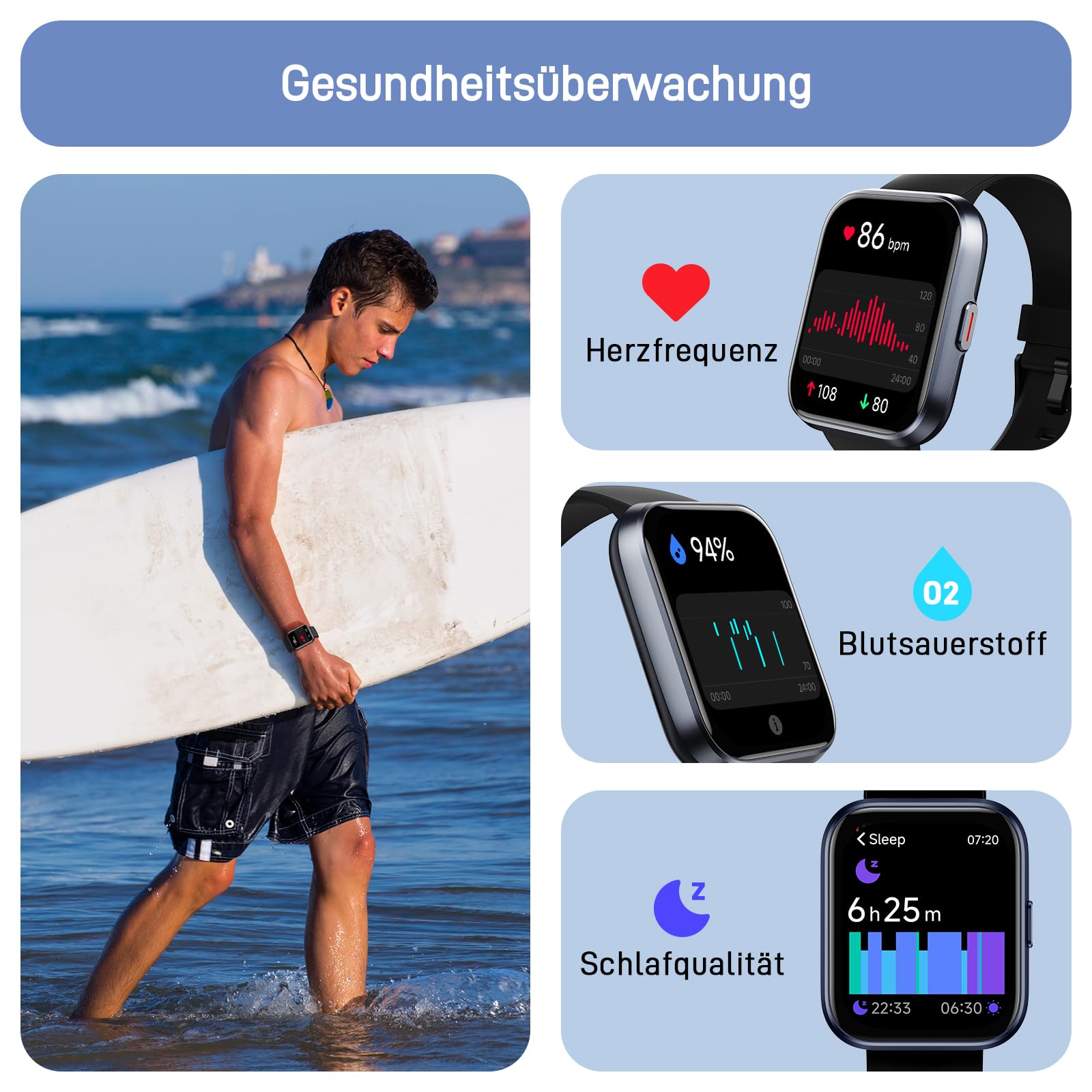 Tensky Smartwatch Herren Damen, 1,85'' Fitnessuhr 3ATM wasserdicht, integrierte Alexa, Herzfrequenz SpO2 Schlafmonitor 110+ Sportmodi Fitness Tracker kompatibel mit iPhone/Samsung/Android