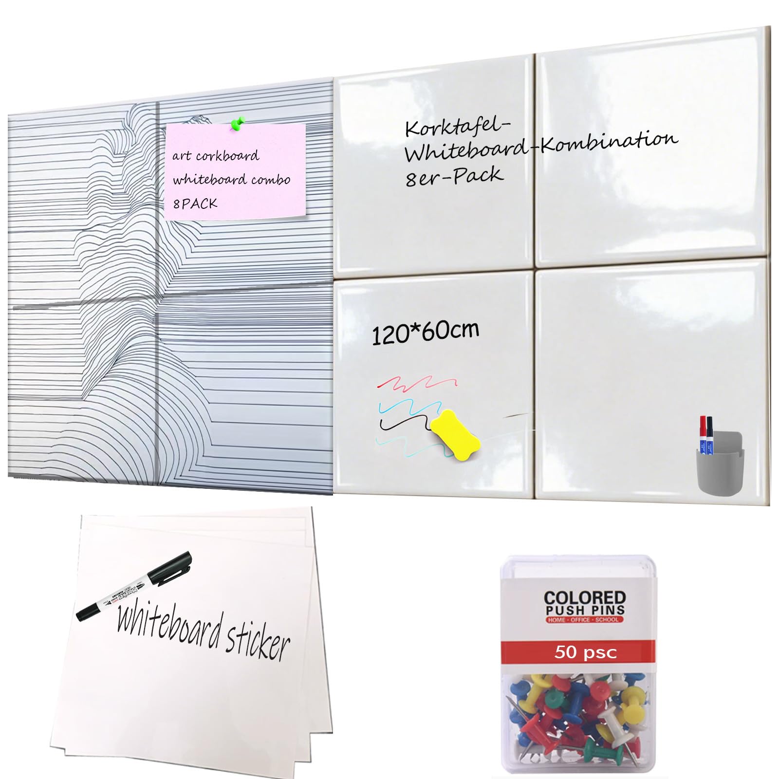 Wave Pattern SSMISS Modular Bulletin Board & Whiteboard Combo 8 Pack, Wave