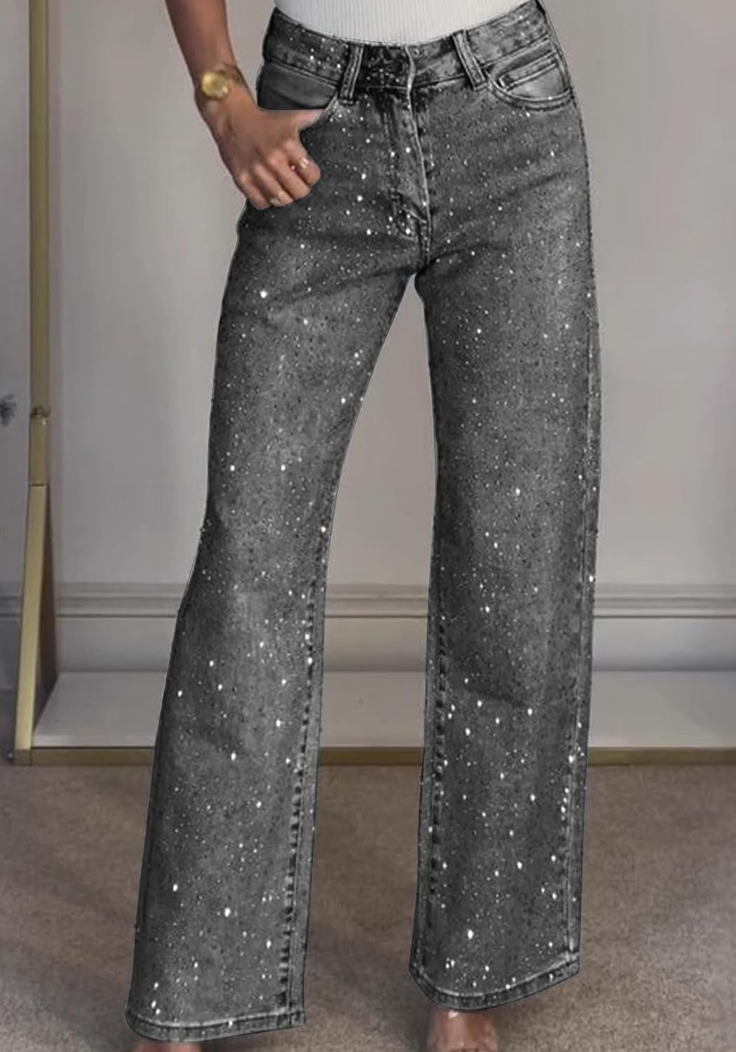 Unybwonn Straight Leg Jeans Rhinestone High Waisted Pearl Boyfried Denim Pants Sparkly Bling Glitter Bedazzled Jeans - Image 2