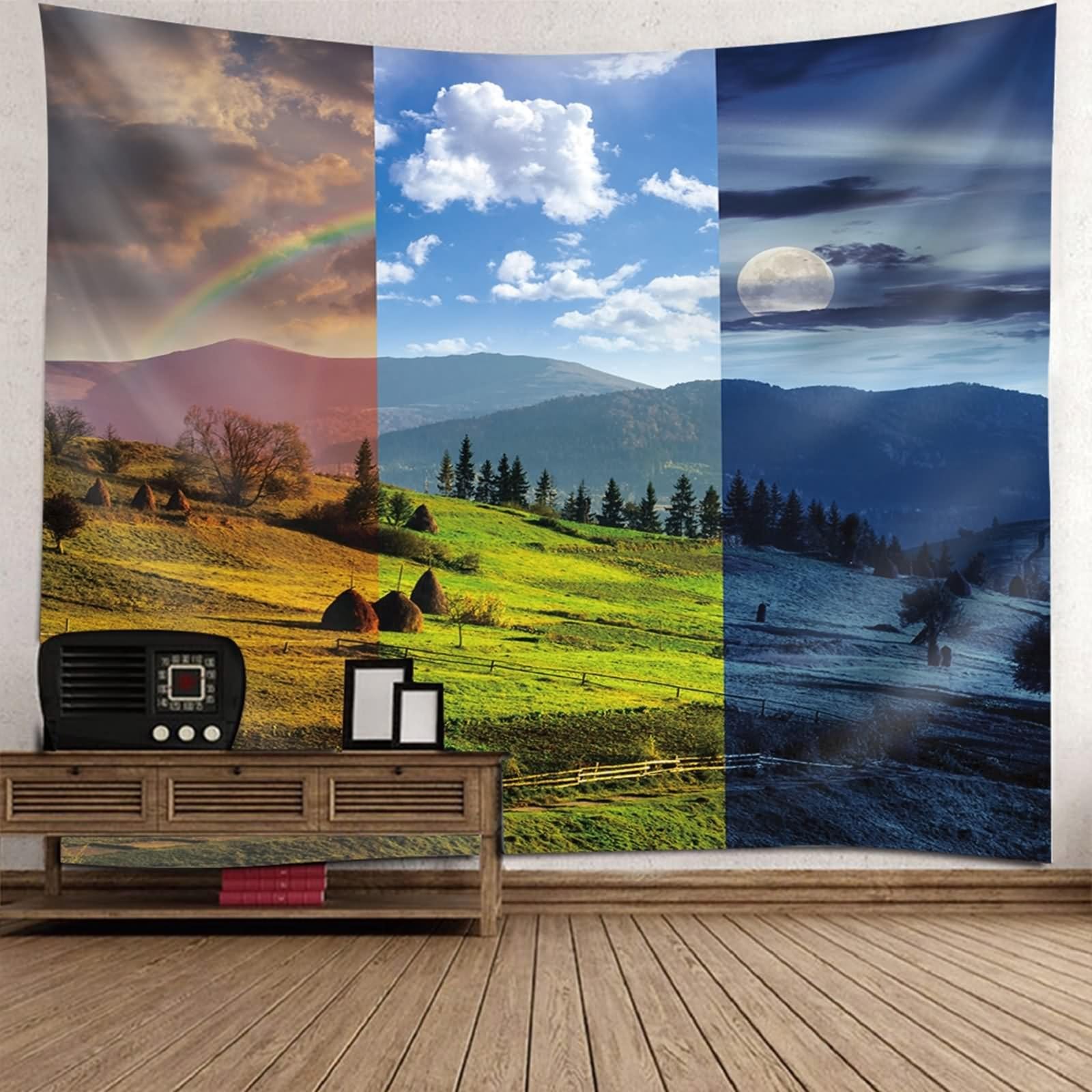 Tapisserie murale bohème bleu vert 150x150cm au motif de paysage de montagne et pelouse
