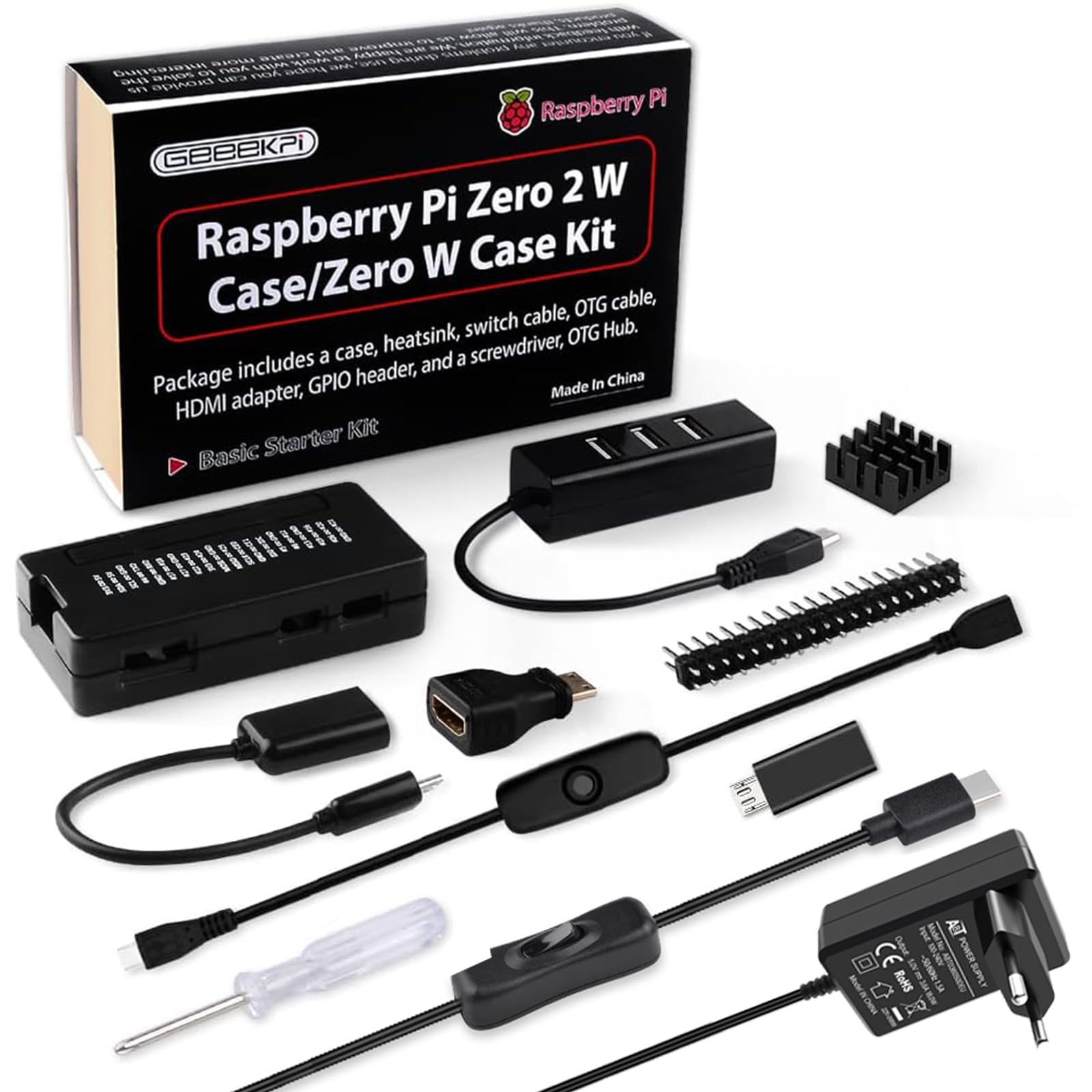GeeekPi Raspberry Pi Zero 2 W Starter Kit con alloggiamento Raspberry Pi Zero 2 W, alimentatore di rete, dissipatore di calore, 4 porte USB HUB, Header GPIO a 20 pin, cavo OTG e adattatore HDMI(nero)