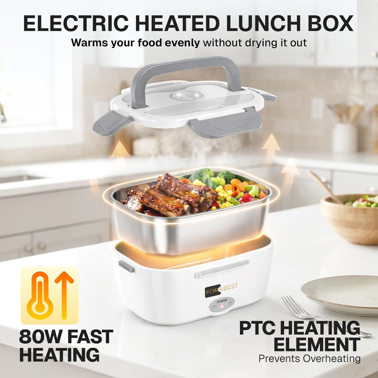 FORABEST Heated Lunch Box - 80W Electric Lunch Box - Portable Food Warmer with 2 Stainless Steel Containers 1.5L, Carry Bag & Leakproof Lid - 12V/24V Car/Truck & 110/220V Home/Office - White Gray