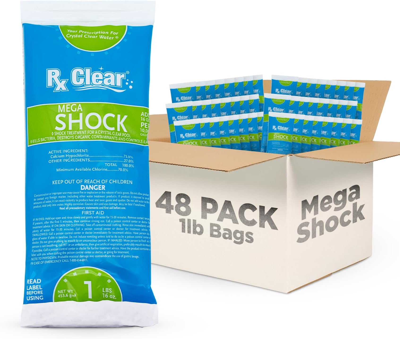 Rx Clear Mega Shock | 73% Calcium Hypochlorite | Kills Algae in Swimming Pools | Works As Pool Sanitizer Clarifier and Algicide | One Pound Bags | 48 Pack