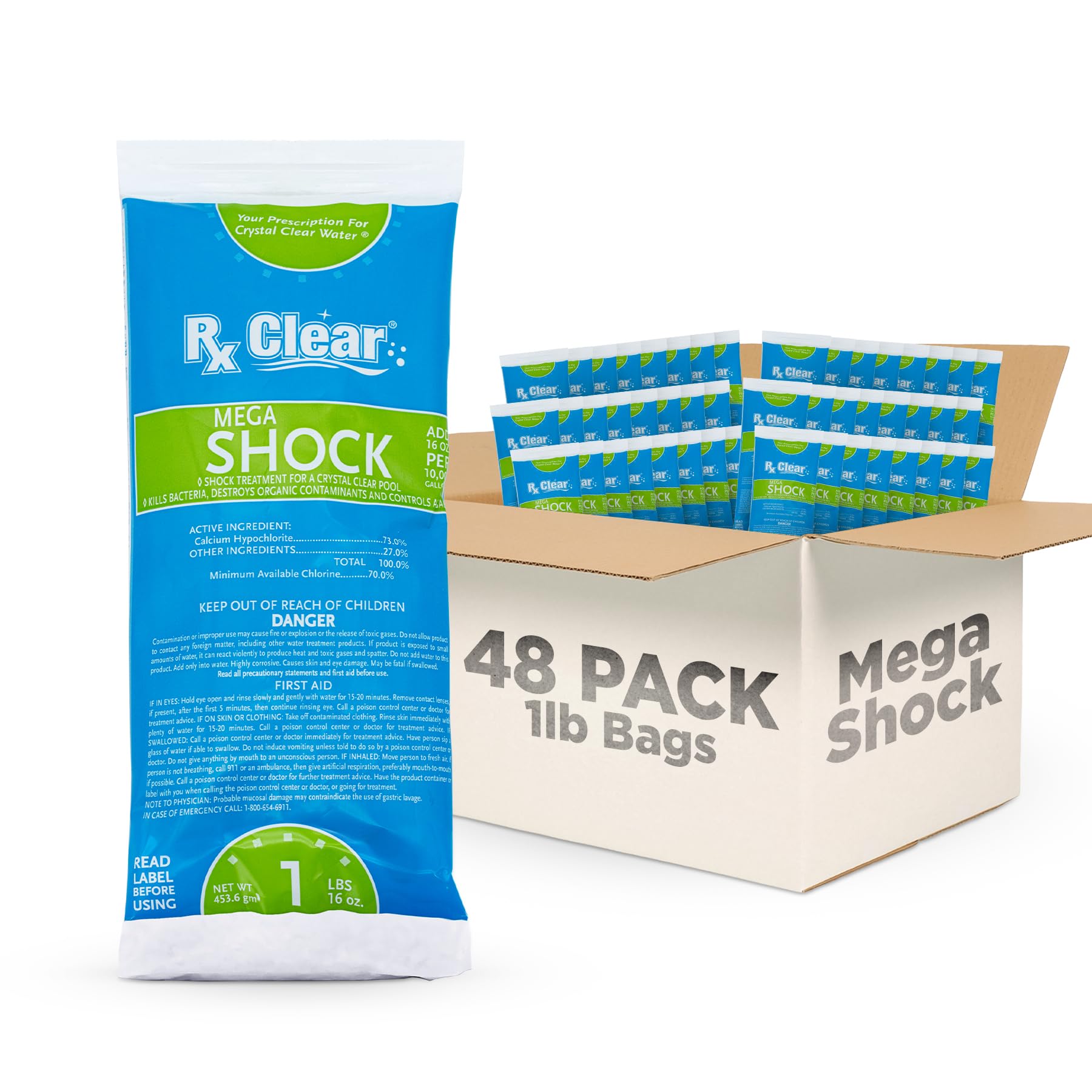 Rx Clear Mega Shock | 73% Calcium Hypochlorite | Kills Algae in Swimming Pools | Works As Pool Sanitizer Clarifier and Algicide | One Pound Bags | 48 Pack