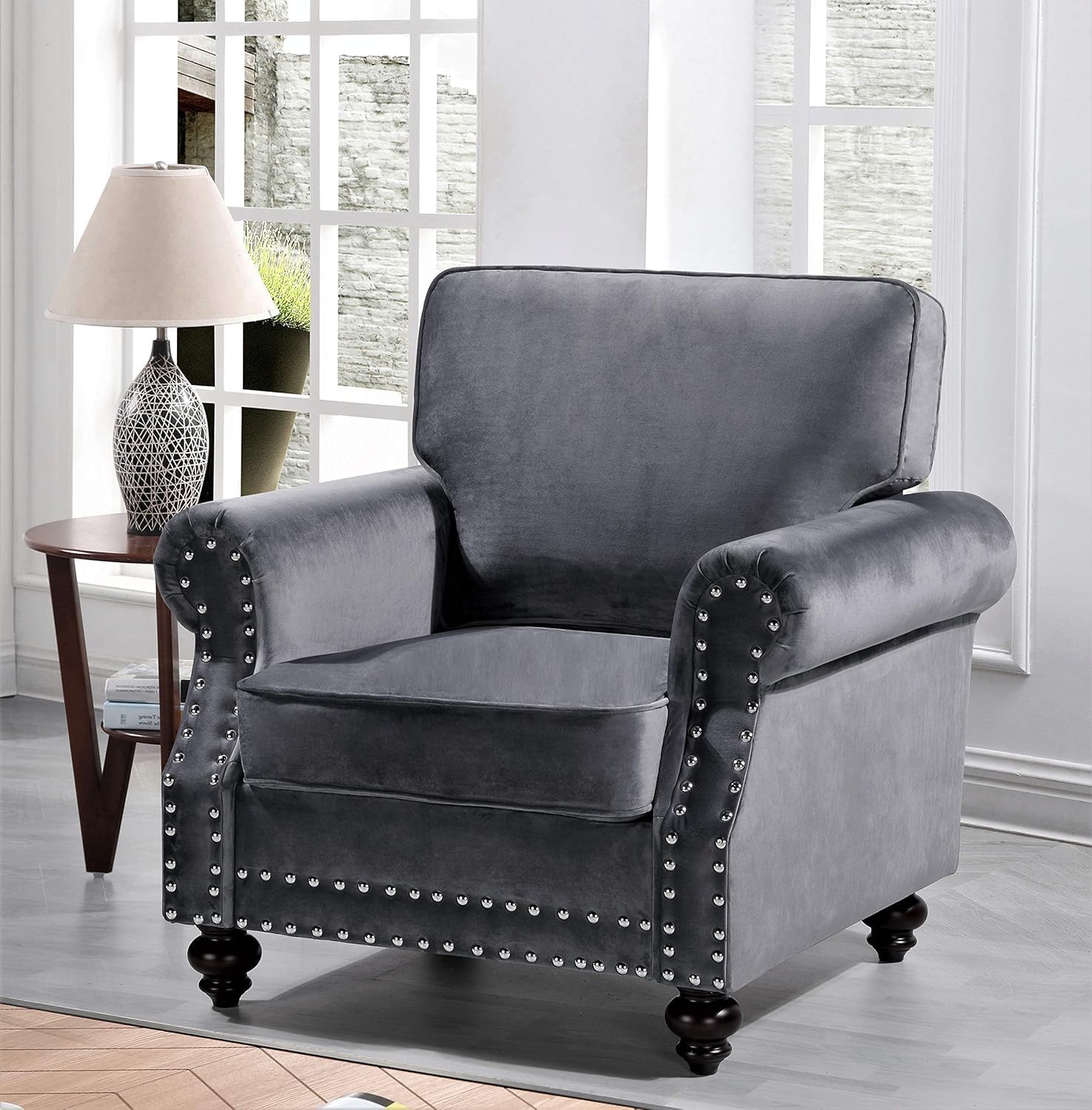 Aspen Mid Century Modern Velvet Upholstered Living Room Rolled Arms, Chair, Fossil Grey
