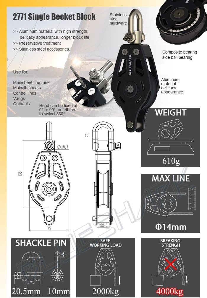 Blue Shark: Sailboat Swivel Blocks Aluminum 75mm Single 2771