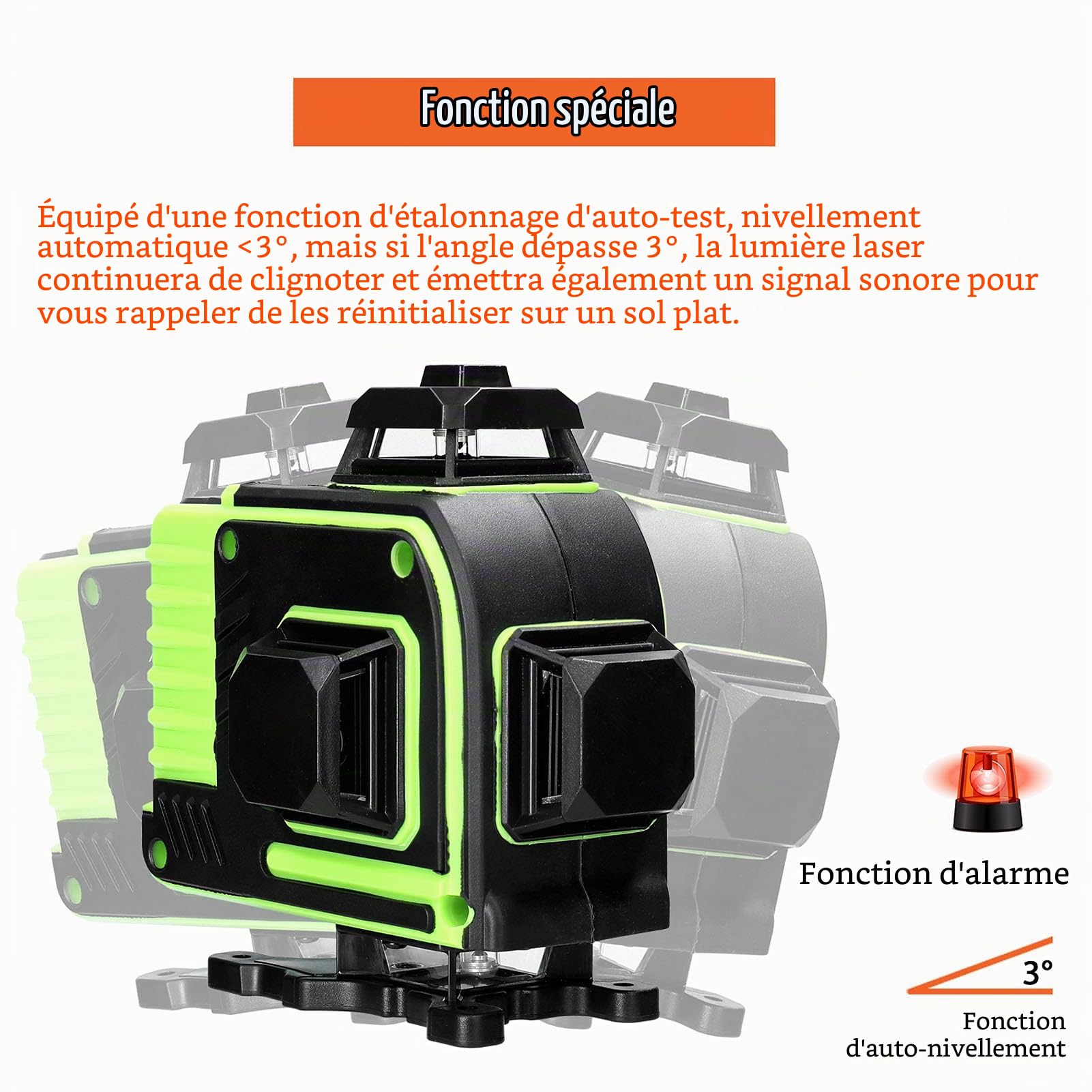 Niveau Laser 360 4D 16 Lignes avec D'auto-Nivellement de 3° du Niveaux à Bulle Laser Vert Rotatif IP54 2xBatteries Rechargeables Outil de Niveau Laser en Croix Verte Vertical Horizontal