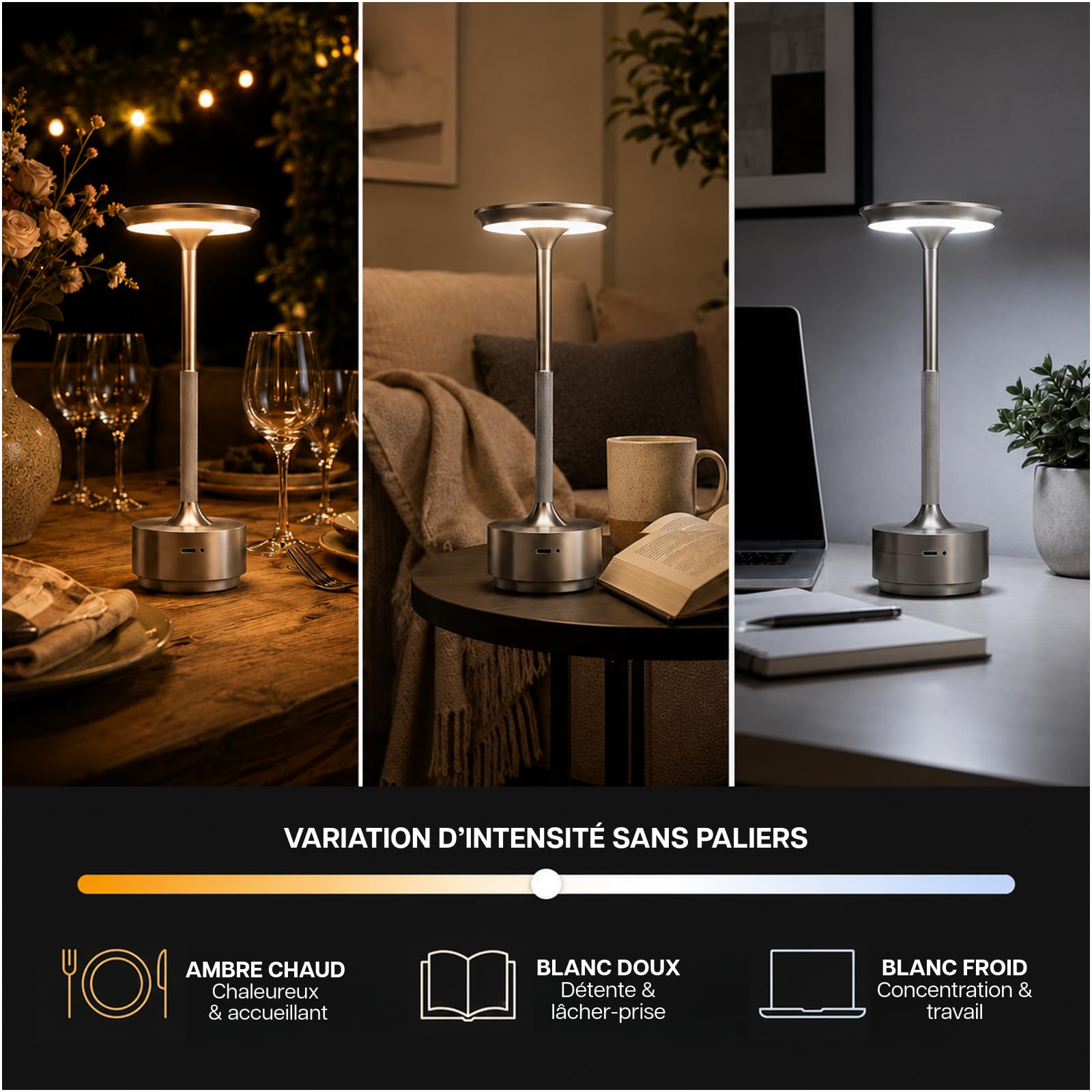 MMOBIEL Lampe de Table Sans Fil LED Tactile Rechargeable Métal, 3 Températures de Couleur à Intensité Variable, Batterie 5200mAh, USB-C pour Chambre, Bar, Terrasse, Intérieur/Extérieur – Argent