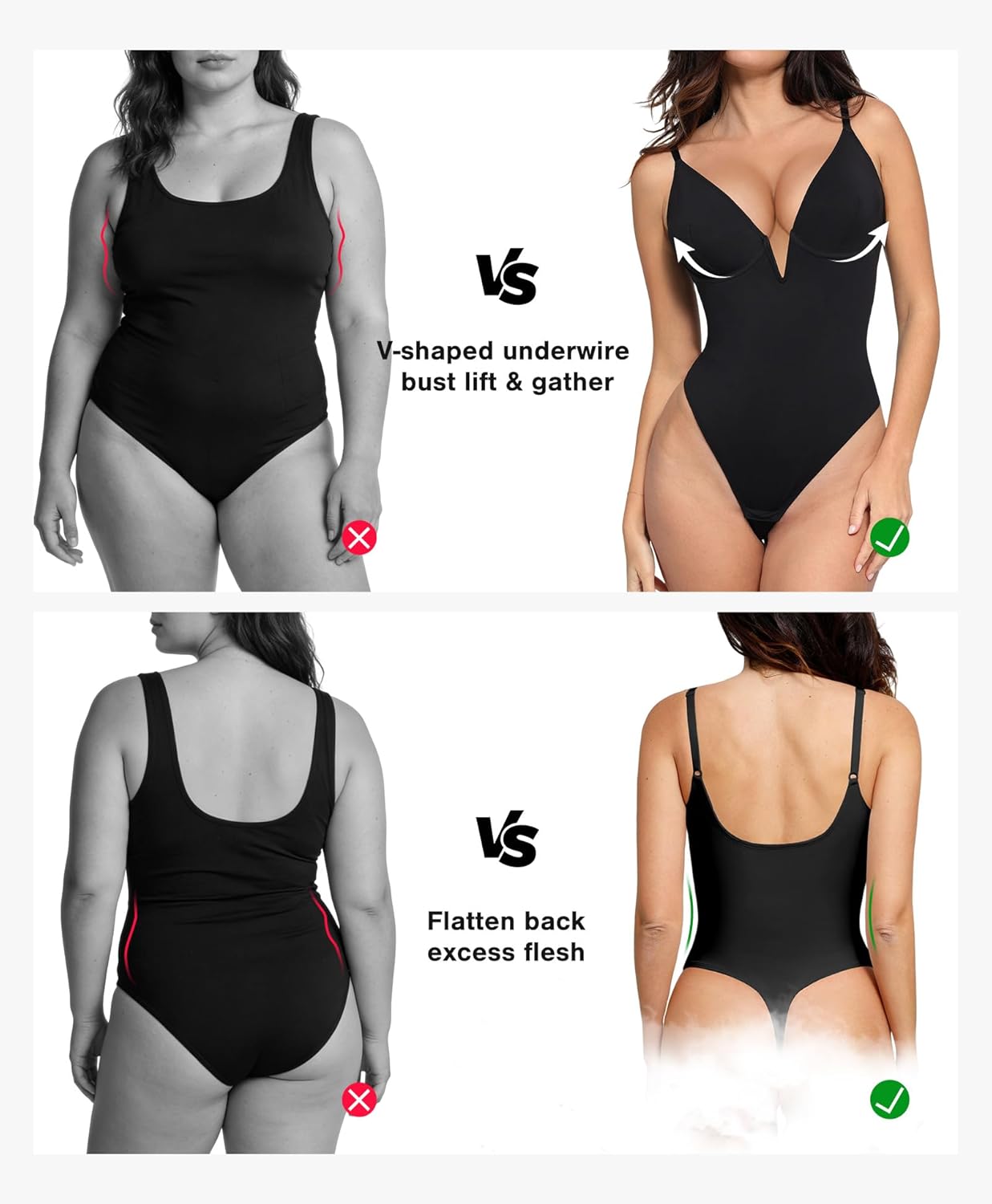 Popilush Shapewear Bodysuits for Women - Tummy Control Body Suits for Womens Deep V Corset Tops Thong Concert Outfits