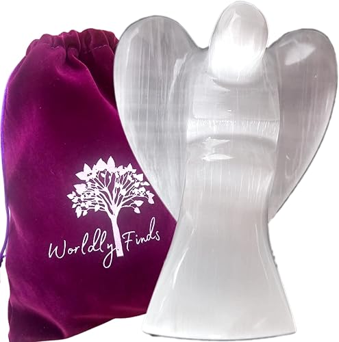 Selenite Crystal Guardian Angel Statua, tamaño completo de 3.9in, tallado a mano marroquí, limpieza, figuras de ángel protectoras, cristales de