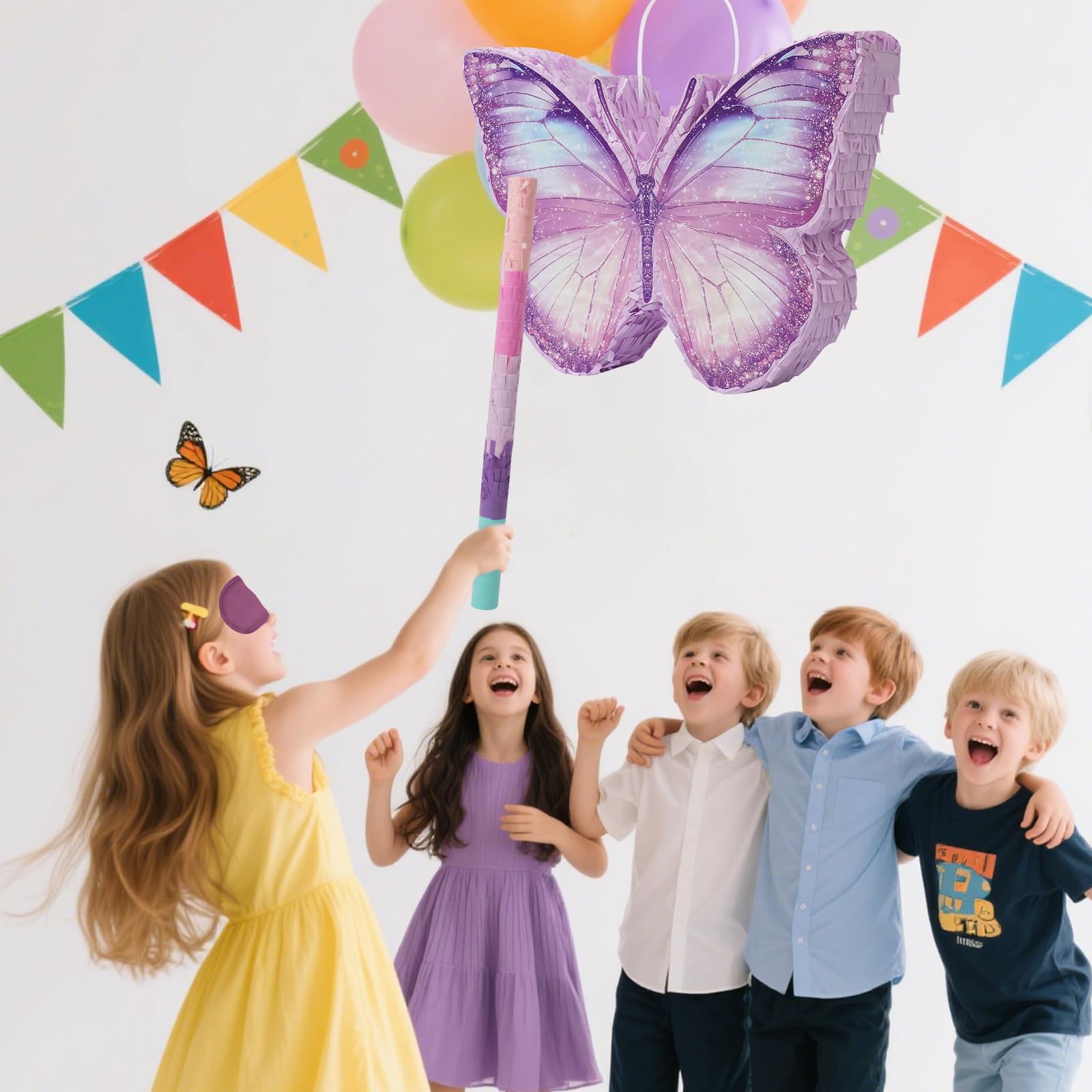 Butterfly Piñata - Purple Butterfly Piñata with Bat and Blindfold for Girls Kids Purple Themed Birthday Party Game Decorations (16”x11.5”x3”)