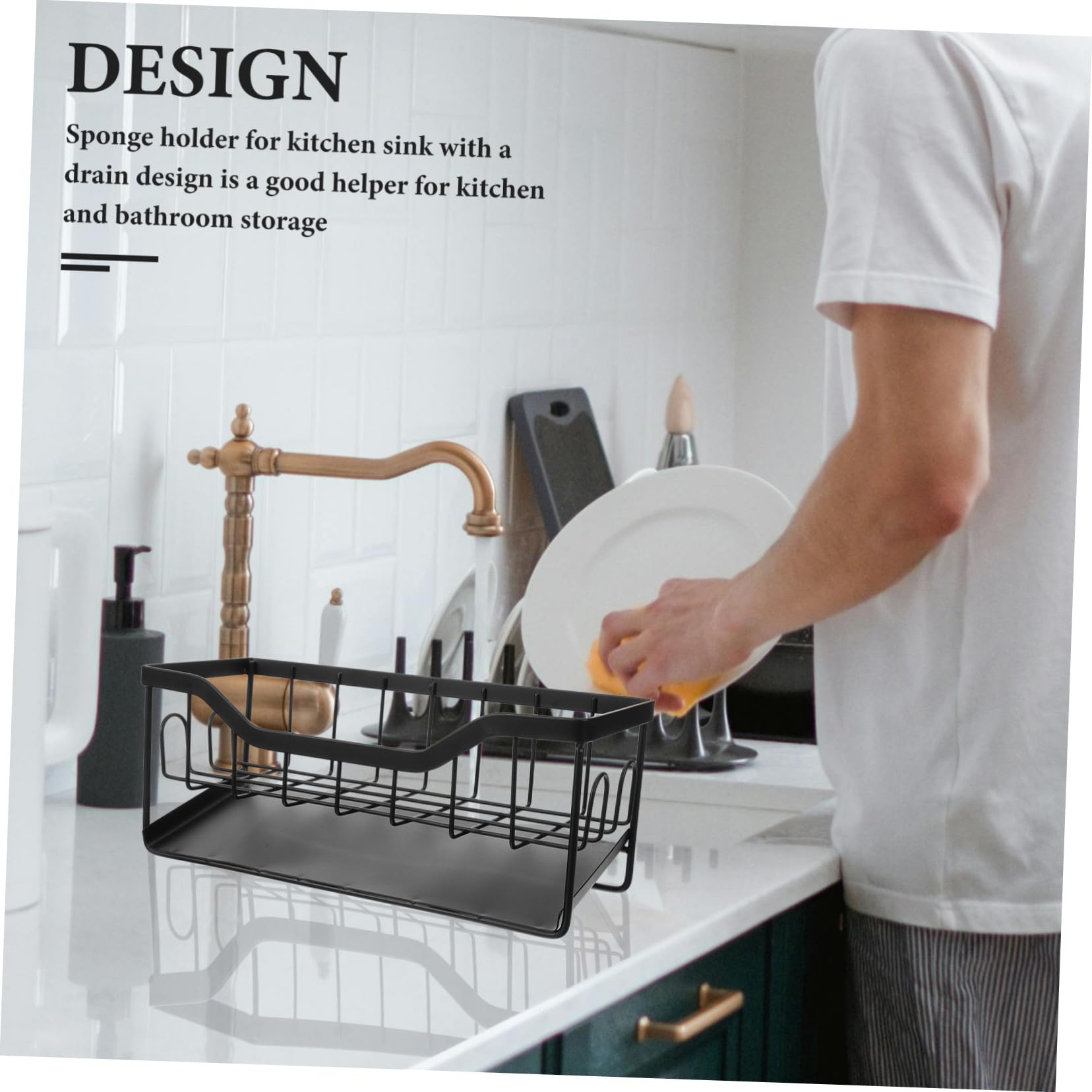 BESTYASH Küchen Spülbecken Organizer mit Abtropfschale Schwammhalter mit Automatischer Ablaufwanne Multifunktionales Ablagerack für Saubere und Ordentliche Spüle Schwarzes Design
