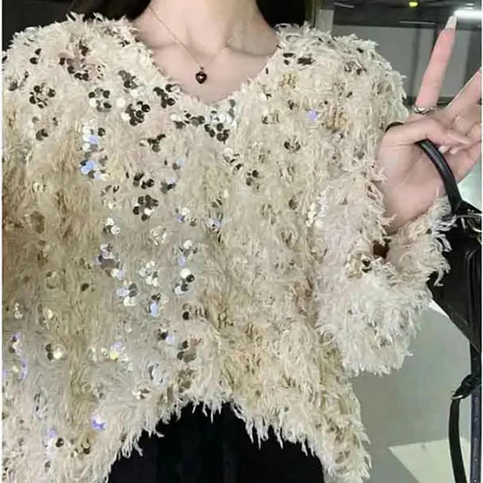 Sweter dla kobiet frędzel cekinowy sweter damski dekolt w serek z długim rękawem dzianinowe swetry eleganckie eleganckie luźne streetwear jesień